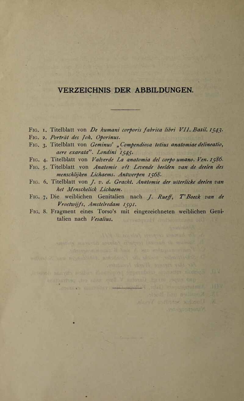 VERZEICHNIS DER ABBILDUNGEN. Fig. i. Titelblatt von De humani corporis fabrica libri VII. Basil. 154.3. Fig. 2. Portrat des Joh. Oporinus. Fig. 3. Titelblatt von Geminus1 „ Compendiosa totius anatomiae delineatio, aere exarata”. Londini 1545. Fig. 4. Titelblatt von Valverde La anatomia del corpo umano. Ven. 1586. Fig. 5. Titelblatt von Anatomie oft Levende beelden va?i de deelen des menschlijken Lichae?ns. Antwerpen 1568. Fig. 6. Titelblatt von J. v. d. Gracht. Anatomie der uiterlicke deelen van het Menschelick Lichaem. Fig. 7. Die vveiblichen Genitalien nach J. Rueff, T’Boeck van de Vroetwijfs, Amstelredam 1591. Fig. 8. Fragment eines Torso’s mit eingezeichneten weiblichen Geni¬ talien nach Vesalius.