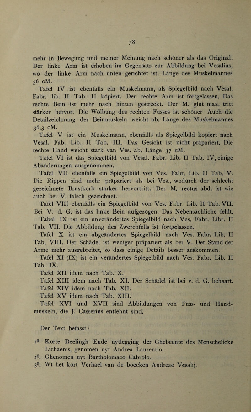 33 mehr in Bewegung und meiner Meinung nach schoner als das Original. Der linke Arm ist erhoben im Gegensatz zur Abbildung bei Vesalius, wo der linke Arm nach unten gerichtet ist. Lange des Muskelmannes 36 cM. Tafel IV ist ebenfalls ein Muskelmann, als Spiegelbild nach Vesal. Fabr. lib. II Tab. II kopiert. Der rechte Arm ist fortgelassen. Das rechte Bein ist mehr nach hinten gestreckt. Der M. glut max. tritt starker hervor. Die Wolbung des rechten Fusses ist schoner Auch die Detailzeichnung der Beinmuskeln weicht ab. Lange des Muskelmannes 36,3 cM. Tafel V ist ein Muskelmann, ebenfalls als Spiegelbild kopiert nach Vesal. Fab. Lib. II Tab. III. Das Gesicht ist nicht prapariert. Die rechte Hand weicht stark van Ves. ab. Lange 37 cM. Tafel VI ist das Spiegelbild von Vesal. Fabr. Lib. II Tab. IV, einige Abanderungen ausgenommen. Tafel VII ebenfalls ein Spiegelbild von Ves. Fabr. Lib. II Tab. V. Die Rippen sind mehr prapariert als bei Ves., wodurch der schlecht gezeichnete Brustkorb starker hervortritt. Der M. rectus abd. ist wie auch bei V. falsch gezeichnet. Tafel VIII ebenfalls ein Spiegelbild von Ves. Fabr Lib. II Tab. VII. Bei V. d. G. ist das linke Bein aufgezogen. Das Nebensachliche fehlt. Tabel IX ist ein unverandertes Spiegelbild nach Ves. Fabr. Libr. II Tab. VII. Die Abbildung des Zwerchfells ist fortgelassen. Tafel X ist ein abgeandertes Spiegelbild nach Ves. Fabr. Lib. II Tab. VIII. Der Schadel ist weniger prapariert als bei V. Der Stand der Arme mehr ausgebreitet, so dass einige Details besser auskommen. Tafel XI (IX) ist ein verandertes Spiegelbild nach Ves. Fabr. Lib. II Tab. IX. Tafel XII idem nach Tab. X. Tafel XIII idem nach Tab. XI. Der Schadel ist bei v. d. G. behaart, Tafel XIV idem nach Tab. XII. Tafel XV idem nach Tab. XIII. Tafel XVI und XVII sind Abbildungen von Fuss- und Hand- muskeln, die J. Casserius entlehnt sind. Der Text befasst: iO. Korte Deelingh Ende uytlegging der Ghebeente des Menschelicke Lichaems, genomen uyt Andrea Laurentio. 20. Ghenomen uyt Bartholomaeo Cabrolo. 3°. VVt het kort Verhael van de boecken Andreae Vesalij.