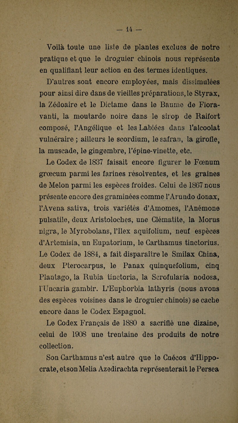 Voilà toute une liste de plantes exclues de notre pratique et que le droguier chinois nous représente en qualifiant leur action en des termes identiques. D'autres sont encore employées, mais dissimulées pour ainsi dire dans de vieilles préparations, le Styrax, la Zédoaire et le Dictame dans le Baume de Fiora- vanti, la moutarde noire dans le sirop de Raifort composé, l’Angélique et les Labiées dans l’alcoolat vulnéraire ; ailleurs le scordium, le safran, la girofle, la muscade, le gingembre, Fépine-vinette, etc. Le Codex de 1837 faisait encore figurer le Fœnum groecum parmi les farines résolventes, et les graines de Melon parmi les espèces froides. Celui de 1867 nous présente encore des graminées comme l’Arundo donax, l’Avena sativa, trois variétés d’Amomes, l’Anémone pulsatile, deux Aristoloches, une Clématite, la Morus nigra, le Myrobolans, l’ilex aquifolium, neuf espèces d’Artemisia, un Eupatorium, le Carthamus tinctorius. Le Codex de 1884, a fait disparaître le Smilax China, deux Pterocarpus, le Panax quinquefolium, cinq Piantago, la Rubia tinctoria, la Scrofularia nodosa, 1'Uncaria gambir. L’Euphorbia lathyris (nous avons des espèces voisines dans le droguier chinois) se cache encore dans le Codex Espagnol. Le Codex Français de 1880 a sacrifié une dizaine, celui de 1908 une trentaine des produits de notre collection. Son Carthamus n’est autre que le Cnécos d’Hippo¬ crate, etsonMelia Azedirachta représenterait le Persea