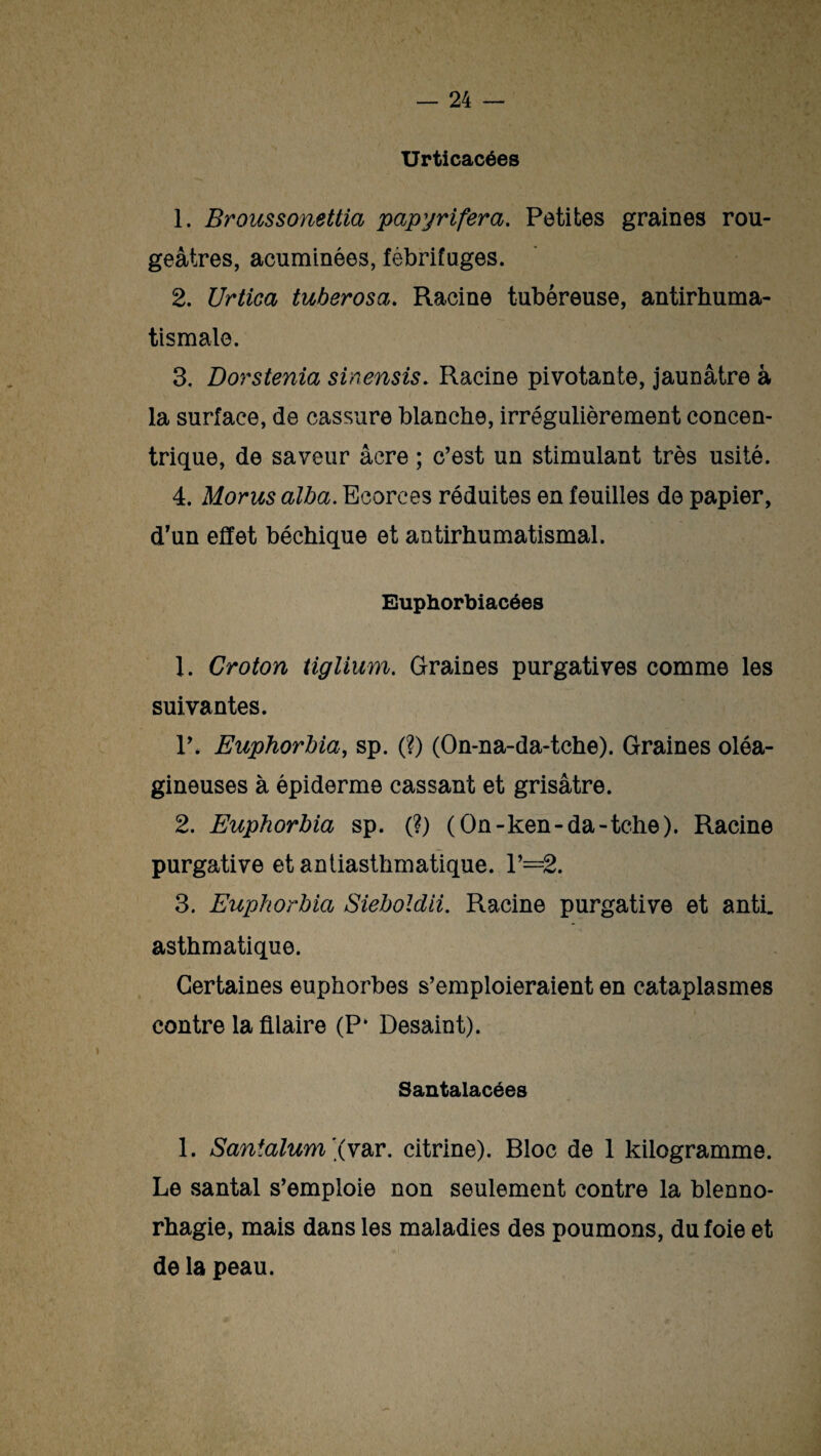 Urticacées 1. Broussonettia papyrifera. Petites graines rou¬ geâtres, acuminées, fébrifuges. 2. Urtica tuberosa. Racine tubéreuse, antirhuma¬ tismale. 3. Dorstenia sinensis. Racine pivotante, jaunâtre à la surface, de cassure blanche, irrégulièrement concen¬ trique, de saveur âcre ; c’est un stimulant très usité. 4. Morus alba. Ecorces réduites en feuilles de papier, d’un effet béchique et antirhumatismal. Euphorbiacées 1. Croton tiglium. Graines purgatives comme les suivantes. P. Euphorbia, sp. (?) (On-na-da-tche). Graines oléa¬ gineuses à épiderme cassant et grisâtre. 2. Euphorbia sp. (?) (On-ken-da-tche). Racine purgative et antiasthmatique. 1—2. 3. Euphorbia Sieboldii. Racine purgative et anti. asthmatique. Certaines euphorbes s’emploieraient en cataplasmes contre laûlaire (Pk Desaint). Santalacées 1. Sanîalum 'iy&v. citrine). Bloc de 1 kilogramme. Le santal s’emploie non seulement contre la blenno- rhagie, mais dans les maladies des poumons, du foie et de la peau.