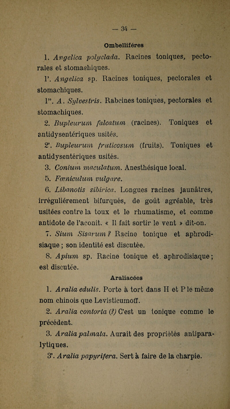 Ombelliféres 1. Artgelica polgelada. Racines toniques, pecto¬ rales et stomachiques. P. Angeüca sp. Racines toniques, pectorales et stomachiques. K 1”. A. Sylvestris. Rabeines toniques, pectorales et stomachiques. 2. Bupleurum falcatum (racines). Toniques et antidysentériques usités. 2’. Bupleurum fruticosum (fruits). Toniques et antidysentériques usités. * 3. Conium maculatum. Anesthésique local. 5. Fœniculum vulgare. 6. Libanotis sibirica. Longues racines jaunâtres, irrégulièrement bifurqués, de goût agréable, très usitées contre la toux et le rhumatisme, et comme antidote de l’aconit. « Il fait sortir le vent » dit-on. 7. Sium Sisarum ? Racine tonique et aphrodi¬ siaque ; son identité est discutée. 8. Apium sp. Racine tonique et. aphrodisiaque ; est discutée. Araliacées 1. Aralia edulis. Porte à tort dans Ii et P le même nom chinois que Levisticumofï. 2. Aralia çontorla (?) C’est un tonique comme le précédent. 3. Aralia palmata. Aurait des propriétés antipara¬ lytiques. 3’. Aralia papyrifera. Sert à faire de la charpie.