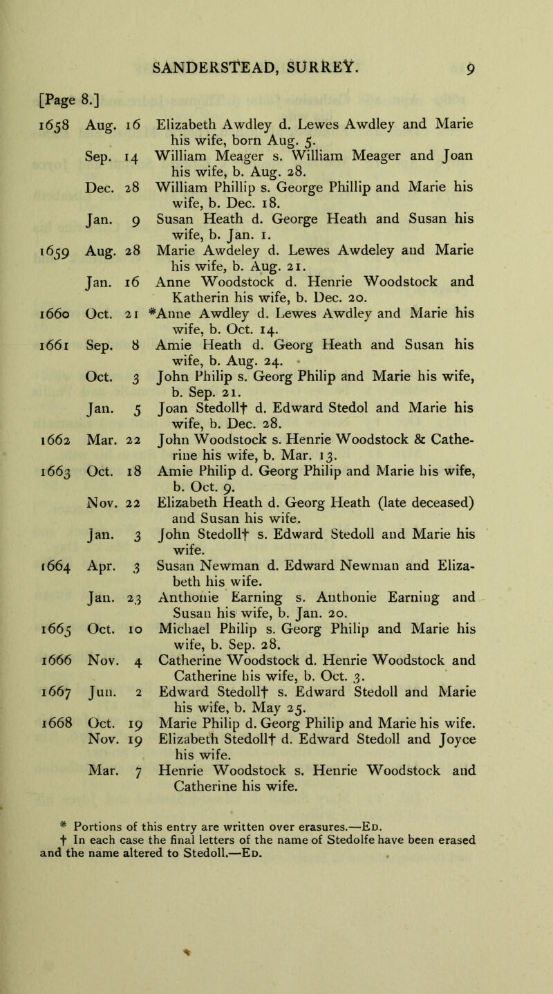 [Page 8.] 1658 Aug. 16 Sep. 14 Dec. 28 Jan. 9 l6S9 Aug. 28 Jan. 16 1660 Oct. 21 1661 Sep. 8 Oct. 3 Jan. 5 1662 Mar. 22 1663 Oct. 18 Nov. 22 Jan. 3 1664 Apr. 3 Jan. 23 1665 Oct. 10 1666 Nov. 4 1667 Jun. 2 1668 Oct. 19 Nov. 19 Mar. 7 Elizabeth Awdley d. Lewes Awdley and Marie his wife, born Aug. 5. William Meager s. William Meager and Joan his wife, b. Aug. 28. William Phillip s. George Phillip and Marie his wife, b. Dec. 18. Susan Heath d. George Heath and Susan his wife, b. Jan. 1. Marie Awdeley d. Lewes Awdeley and Marie his wife, b. Aug. 21. Anne Woodstock d. Henrie Woodstock and Katherin his wife, b. Dec. 20. *Anne Awdley d. Lewes Awdley and Marie his wife, b. Oct. 14. Amie Heath d. Georg Heath and Susan his wife, b. Aug. 24. John Philip s. Georg Philip and Marie his wife, b. Sep. 21. Joan Stedollf d. Edward Stedol and Marie his wife, b. Dec. 28. John Woodstock s. Henrie Woodstock & Cathe- rine his wife, b. Mar. 13. Amie Philip d. Georg Philip and Marie his wife, b. Oct. 9. Elizabeth Heath d. Georg Heath (late deceased) and Susan his wife. John Stedollf s. Edward Stedoll and Marie his wife. Susan Newman d. Edward Newman and Eliza- beth his wife. Anthonie Earning s. Anthonie Earning and Susan his wife, b. Jan. 20. Michael Philip s. Georg Philip and Marie his wife, b. Sep. 28. Catherine Woodstock d. Henrie Woodstock and Catherine his wife, b. Oct. 3. Edward Stedollf s. Edward Stedoll and Marie his wife, b. May 25. Marie Philip d. Georg Philip and Marie his wife. Elizabeth Stedollf d. Edward Stedoll and Joyce his wife. Henrie Woodstock s. Henrie Woodstock and Catherine his wife. # Portions of this entry are written over erasures.—Ed. f In each case the final letters of the name of Stedolfe have been erased and the name altered to Stedoll.—Ed.