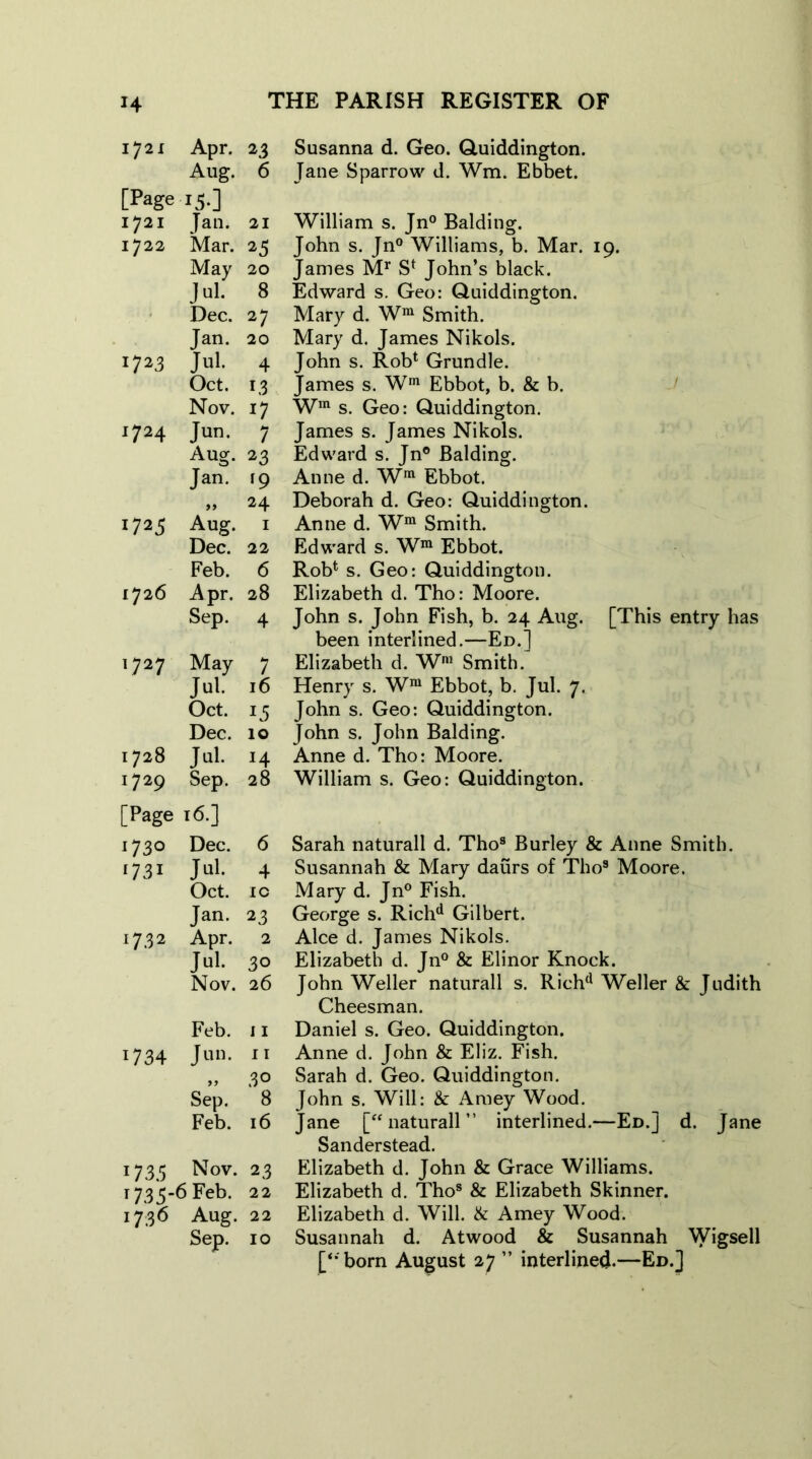 1721 Apr. 23 Susanna d. Geo. Quiddington. [Page Aug. ■is-] 6 Jane Sparrow d. Wm. Ebbet. 1721 Jan. 21 William s. Jn° Balding. 1722 Mar. 25 John s. Jn° Williams, b. Mar. 19. May 20 James Mr St John’s black. Jul. 8 Edward s. Geo: Quiddington. ,' ■} • Dec. 27 Mary d. Wm Smith. Jan. 20 Mary d. James Nikols. 172 3 Jul. 4 John s. Rob1 Grundle. Oct. 13 James s. Wm Ebbot, b. & b. Nov. 17 Wm s. Geo: Quiddington. 1724 Jun. 7 James s. James Nikols. Aug. 23 Edward s. Jn° Balding. Jan. f9 Anne d. Wra Ebbot. 99 24 Deborah d. Geo: Quiddington. 1725 Aug. 1 Anne d. Wm Smith. Dec. 22 Edward s. Wm Ebbot. Feb. 6 Rob4 s. Geo: Quiddington. 1726 Apr. 28 Elizabeth d. Tho: Moore. Sep. 4 John s. John Fish, b. 24 Aug. [This entry has been interlined.—Ed.] 1727 May 7 Elizabeth d. Wm Smith. Jul. 16 Henry s. Wm Ebbot, b. Jul. 7. Oct. 15 John s. Geo: Quiddington. Dec. 10 John s. John Balding. 1728 Jul. 14 Anne d. Tho: Moore. l729 [Page Sep. 16.] 28 William s. Geo: Quiddington. 1730 Dec. 6 Sarah naturall d. Tho8 Burley & Anne Smith. »73i Jul. 4 Susannah & Mary daurs of Tho9 Moore. Oct. IC Mary d. Jn° Fish. Jan. 23 George s. Richd Gilbert. 1732 Apr. 2 Alee d. James Nikols. Jul. 30 Elizabeth d. Jn° & Elinor Knock. Nov. 26 John Weller naturall s. Richd Weller & Judith Cheesman. Feb. 11 Daniel s. Geo. Quiddington. 1734 Jun. 11 Anne d. John & Eliz. Fish. ,, 30 Sarah d. Geo. Quiddington. Sep. 8 John s. Will: & Amey Wood. Feb. 16 Jane [“naturall” interlined.—Ed.] d. Jane Sanderstead. 1733 Nov. 23 Elizabeth d. John & Grace Williams. T735-( 6 Feb. 22 Elizabeth d. Thos & Elizabeth Skinner. 1736 Aug. 22 Elizabeth d. Will. & Amey Wood. Sep. 10 Susannah d. Atwood & Susannah Wigsell [‘•'born August 27 ” interlined.—Ed.]