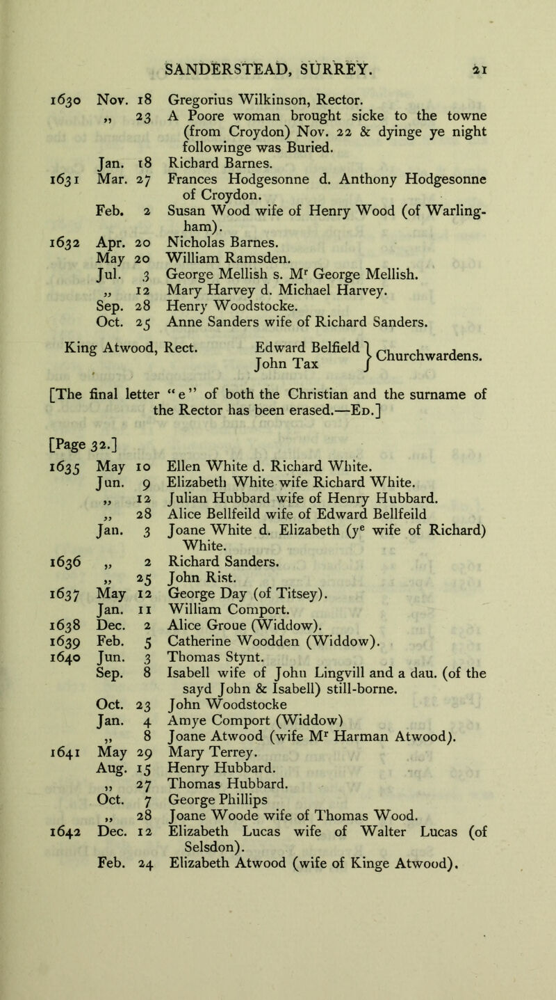 1630 Nov. 18 >» 23 Jan. 18 1631 Mar. 27 Feb. 2 1632 Apr. 20 May 20 M 3 12 Sep. 28 Oct. 23 King Atwood, [The final lettei 1 [Page 32.] 1635 May 10 Jun. 9 >> 12 yy 28 Jan. 3 1636 5> 2 25 1637 May 12 Jan. 11 1638 Dec. 2 1639 Feb. 5 1640 Jun. 3 Sep. 8 Oct. 23 Jan. 4 »* 8 1641 May 29 Aug. 15 u 27 Oct. 7 28 1642 Dec. 12 Gregorius Wilkinson, Rector. A Poore woman brought sicke to the towne (from Croydon) Nov. 22 & dyinge ye night followinge was Buried. Richard Barnes. Frances Hodgesonne d. Anthony Hodgesonne of Croydon. Susan Wood wife of Henry Wood (of Warling- ham). Nicholas Barnes. William Ramsden. George Mellish s. Mr George Mellish. Mary Harvey d. Michael Harvey. Henry Woodstocke. Anne Sanders wife of Richard Sanders. Edward Belfield John Tax j> Churchwardens. Feb. 24 e” of both the Christian and the surname of the Rector has been erased.—Ed.] Ellen White d. Richard White. Elizabeth White wife Richard White. Julian Hubbard wife of Henry Hubbard. Alice Bellfeild wife of Edward Bellfeild Joane White d. Elizabeth (ye wife of Richard) White. Richard Sanders. John Rist. George Day (of Titsey). William Comport. Alice Groue (Widdow). Catherine Woodden (Widdow). Thomas Stynt. Isabell wife of John Lingvill and a dau. (of the sayd John & Isabell) still-borne. John Woodstocke Amye Comport (Widdow) Joane Atwood (wife Mr Harman Atwood). Mary Terrey. Henry Hubbard. Thomas Hubbard. George Phillips Joane Woode wife of Thomas Wood. Elizabeth Lucas wife of Walter Lucas (of Selsdon). Elizabeth Atwood (wife of Kinge Atwood).