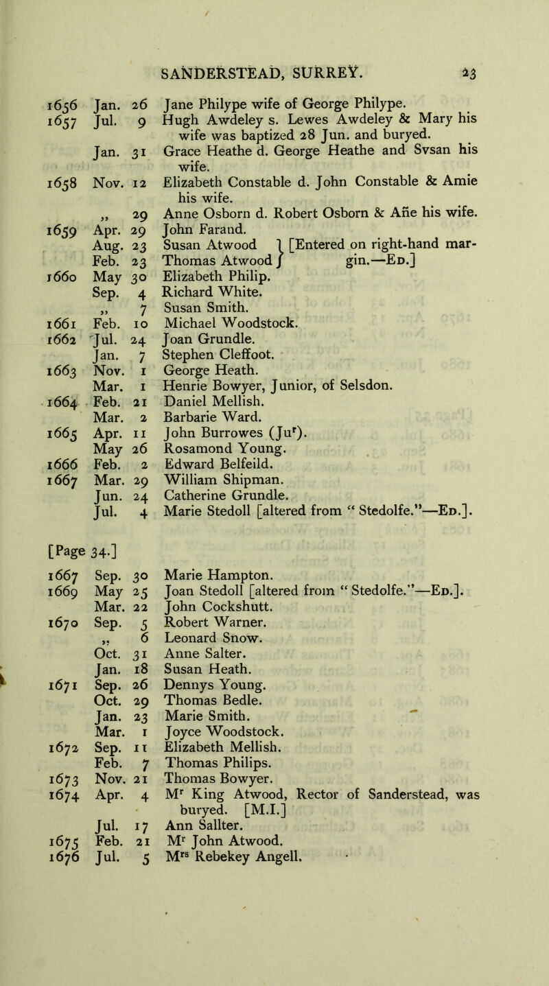 1656 Jan. 26 i657 Jul. 9 Jan. 3i 1658 Nov. 12 yy 29 1659 Apr. 29 Aug. 23 Feb. 23 l660 May 30 Sep. 4 yy 7 l66l Feb. 10 l662 Jul. 24 Jan. 7 I663 Nov. 1 Mar. 1 1664 Feb. 21 Mar. 2 1665 Apr. n May 26 1666 Feb. 2 I667 Mar. 29 Jun. 24 Jul. 4 [Page 34-1 I 667 Sep. 30 1669 May 25 Mar. 22 I67O Sep. 5 6 Oct. 3i Jan. 18 1671 Sep. 26 Oct. 29 Jan. n Mar. 1 l672 Sep. 11 Feb. 7 i673 Nov. 21 1674 Apr. 4 Jul. 17 1675 Feb. 21 1676 Jul. 5 Jane Philype wife of George Philype. Hugh Awdeley s. Lewes Awdeley & Mary his wife was baptized 28 Jun. and buryed. Grace Heathe d. George Heathe and Svsan his wife. Elizabeth Constable d. John Constable & Amie his wife. Anne Osborn d. Robert Osborn & Ane his wife. John Farand. Susan Atwood 1 [Entered on right-hand mar- Thomas Atwood J gin.—Ed.] Elizabeth Philip. Richard White. Susan Smith. Michael Woodstock. Joan Grundle. Stephen Cleffoot. George Heath. Henrie Bowyer, Junior, of Selsdon. Daniel Mellish. Barbarie Ward. John Burrowes (Jur). Rosamond Young. Edward Belfeild. William Shipman. Catherine Grundle. Marie Stedoll [altered from “ Stedolfe.”—Ed.]. Marie Hampton. Joan Stedoll [altered from “ Stedolfe.’*—Ed.]. John Cockshutt. Robert Warner. Leonard Snow. Anne Salter. Susan Heath. Dennys Young. Thomas Bedle. Marie Smith. Joyce Woodstock. Elizabeth Mellish. Thomas Philips. Thomas Bowyer. Mr King Atwood, Rector of Sanderstead, was buryed. [M.I.] Ann Sallter. M1' John Atwood. Mrs Rebekey Angell.