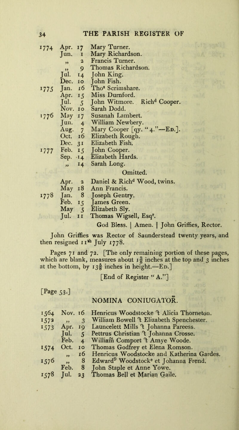 1774 Apr. 17 Mary Turner. Jun. 1 Mary Richardson. 99 2 Francis Turner. 99 9 Thomas Richardson. Jul. H John King. Dec. 10 John Fish. 1775 Jan. 16 Tho3 Scrim share. Apr. 15 Miss Durnford. Jul. 5 John Witmore. Ric Nov. 10 Sarah Dodd. '776 May Susanah Lambert. Jun. 4 William Newbery. Aug. 7 Mary Cooper [qy. Oct. 16 Elizabeth Rough. Dec. 3i Elizabeth Fish. 1777 Feb. 13 John Cooper. Sep. 14 Elizabeth Hards. 99 14 Sarah Long. 4-” Ed.]. Omitted. Apr. 2 Daniel & Richd Wood, twins. May 18 Ann Francis. 177 8 Jan. 8 Joseph Gentry. Feb. 15 James Green. May 5 Elizabeth Sly. Jul. 11 Thomas Wigsell, Esqr. God Bless. | Amen. | John Griffies, Rector. John Griffies was Rector of Saunderstead twenty years, and then resigned n*h July 1778. Pages 71 and 72. [The only remaining portion of these pages, which are blank, measures about j§ inches at the top and 3 inches at the bottom, by 13^ inches in height.—Ed.] [Page 53.] I564 Nov. l6 I573 99 3 *573 Apr. 19 Jul. 5 Feb. 4 1574 Oct. 10 99 16 1576 99 8 Feb. 8 *578 Jul. 23 [End of Register “A.”] NOMINA CONIUGATOR. Henricus Woodstocke T; Alicia Thorneton. William Bowell T: Elizabeth Spenchester. Launcelett Mills T: Johanna Pareess. Pettrus Christian °t Johanna Crosse. William Comport T: Amye Woode. Thomas Godfrey et Elena Romson. Henricus Woodstocke and Katherina Gardes. Edward9 Woodstocke et Johanna Frend, John Staple et Anne Yowe. Thomas Bell et Marian Gaile,