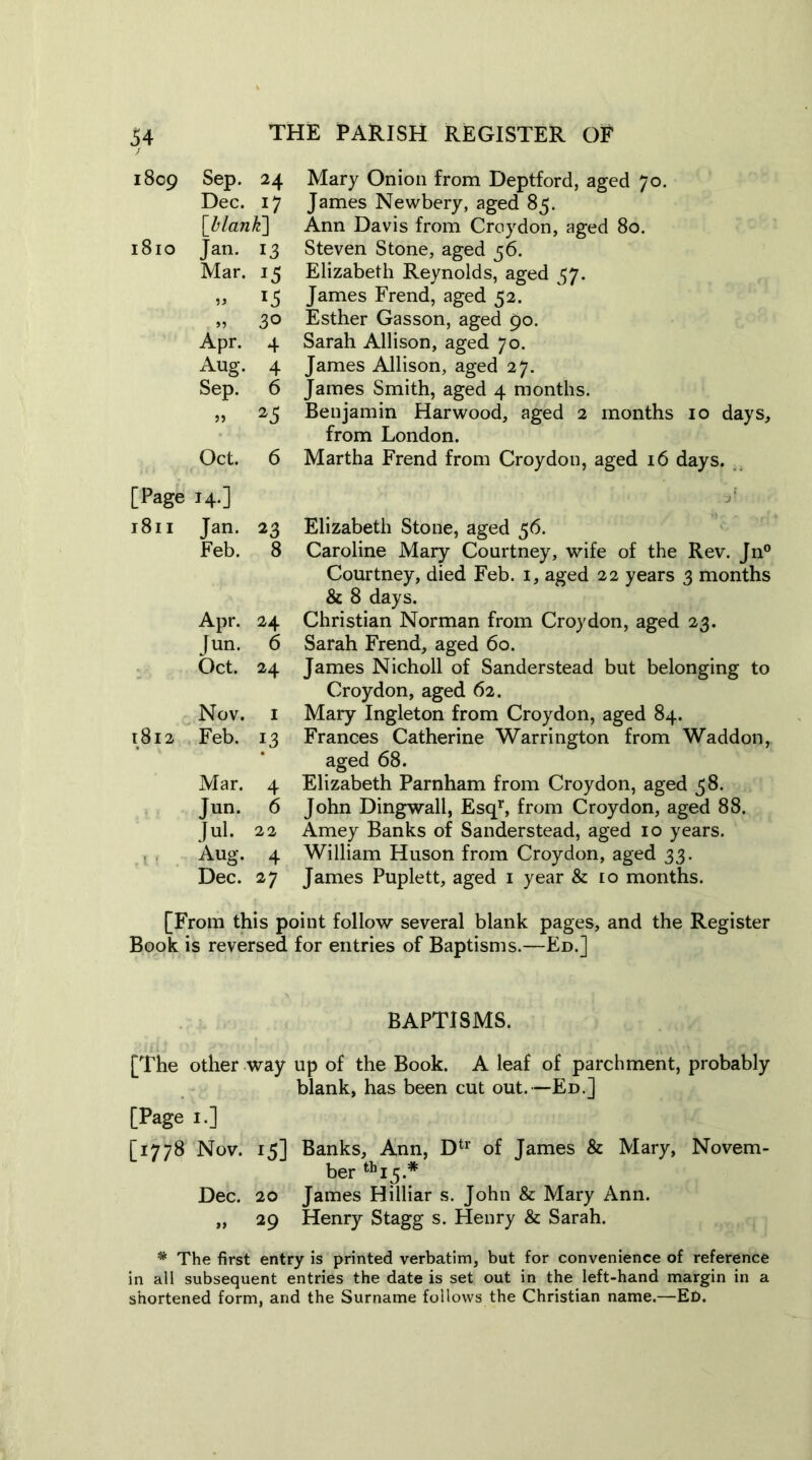 i8c9 Sep. 24 Dec. 17 [blank] 1810 Jan. 13 Mar. 15 » l5 „ 30 Apr. 4 Aug. 4 Sep. 6 » 25 Oct. 6 Mary Onion from Deptford, aged 70. James Newbery, aged 85. Ann Davis from Croydon, aged 80. Steven Stone, aged 56. Elizabeth Reynolds, aged 37. James Frend, aged 52. Esther Gasson, aged 90. Sarah Allison, aged 70. James Allison, aged 27. James Smith, aged 4 months. Benjamin Harwood, aged 2 months 10 days, from London. Martha Frend from Croydon, aged 16 days. [Page 14.] 1811 Jan. 23 Feb. 8 Apr. 24 Jun. 6 Oct. 24 Nov. 1 1812 Feb. 13 Mar. 4 Jun. 6 Jul. 22 Aug. 4 Dec. 27 Elizabeth Stone, aged 56. Caroline Mary Courtney, wife of the Rev. Jn° Courtney, died Feb. 1, aged 22 years 3 months & 8 days. Christian Norman from Croydon, aged 23. Sarah Frend, aged 60. James Nicholl of Sanderstead but belonging to Croydon, aged 62. Mary Ingleton from Croydon, aged 84. Frances Catherine Warrington from Waddon, aged 68. Elizabeth Parnham from Croydon, aged 58. John Dingwall, Esqr, from Croydon, aged 88. Amey Banks of Sanderstead, aged 10 years. William Huson from Croydon, aged 33. James Puplett, aged 1 year & 10 months. [From this point follow several blank pages, and the Register Book is reversed for entries of Baptisms.—Ed.] BAPTISMS. [The other way up of the Book. A leaf of parchment, probably blank, has been cut out.—Ed.] [Page 1.] [1778 Nov. 15] Banks, Ann, Dtr of James & Mary, Novem- ber thi5.* Dec. 20 James Hilliar s. John & Mary Ann. „ 29 Henry Stagg s. Henry & Sarah. * The first entry is printed verbatim, but for convenience of reference in all subsequent entries the date is set out in the left-hand margin in a shortened form, and the Surname follows the Christian name.—Ed.