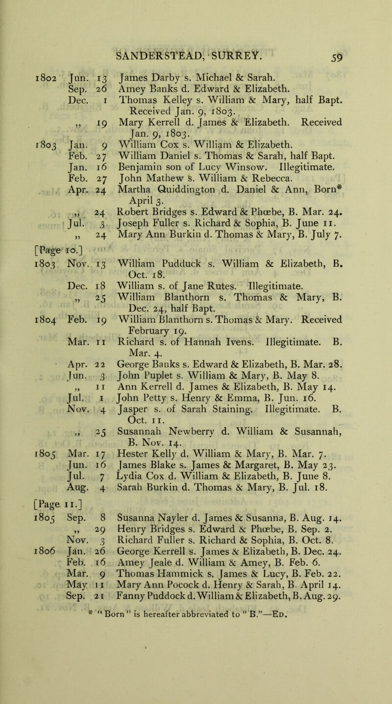 Sep. 26 Dec. 1 19 1803 Jan. 9 Feb. 27 Jan. 16 Feb. 27 Apr. 24 99 24 Jul 3 99 24 [Page' 10.] 1803 Nov. 13 Dec. 18 25 1804 Feb. z9 Mar. 11 Apr. 22 Jun. 3 11 Jul. 1 Nov. 4 99 25 1805 Mar. 17 Jun. 16 Jul. 7 Aug. 4 [Page 11.] 180.5 Sep. 8 „ 29 Nov. 3 1806 Jan. 26 Feb. 16 Mar. 9 May 11 Sep. 21 SANDERSTEAD, SURREY. 59 Amey Banks d. Edward & Elizabeth. Thomas Kelley s. William & Mary, half Bapt. Received Jan. 9, 1803. Mary Kerrell d. James & Elizabeth. Received Jan. 9, 1803. William Cox s. William & Elizabeth. William Daniel s. Thomas & Sarah, half Bapt. Benjamin son of Lucy Winsow. Illegitimate. John Mathew s. William & Rebecca. Martha Quiddington d. Daniel & Ann, Born# April 3. Robert Bridges s. Edward & Phoebe, B. Mar. 24. Joseph Fuller s. Richard & Sophia, B. June 11. Mary Ann Burkin d. Thomas & Mary, B. July 7. William Pudduck s. William & Elizabeth, B. Oct. 18. William s. of Jane Rutes. Illegitimate. William Blanthorn s. Thomas & Mary, B. Dec. 24, half Bapt. William Blanthorn s. Thomas & Mary. Received February 19. Richard s. of Hannah Ivens. Illegitimate. B. Mar. 4. George Banks s. Edward & Elizabeth, B. Mar. 28. John Puplet s. William & Mary, B. May 8. Ann Kerrell d. James & Elizabeth, B. May 14. John Petty s. Henry & Emma, B. Jun. 16. Jasper s. of Sarah Staining. Illegitimate. B. Oct. 11. Susannah Newberry d. William & Susannah, B. Nov. 14. Hester Kelly d. William & Mary, B. Mar. 7. James Blake s. James & Margaret, B. May 23. Lydia Cox d. William & Elizabeth, B. June 8. Sarah Burkin d. Thomas & Mary, B. Jul. 18. Susanna Nayler d. James & Susanna, B. Aug. 14. Henry Bridges s. Edward & Phoebe, B. Sep. 2. Richard Fuller s. Richard & Sophia, B. Oct. 8. George Kerrell s. James & Elizabeth, B. Dec. 24. Amey Jeale d. William & Amey, B. Feb. 6. Thomas Hammick s. James & Lucy, B. Feb. 22. Mary Ann Pocock d. Henry & Sarah, B. April 14. Fanny Puddockd. William & Elizabeth, B. Aug. 29. # “ Born ” is hereafter abbreviated to “ B.—Ed.
