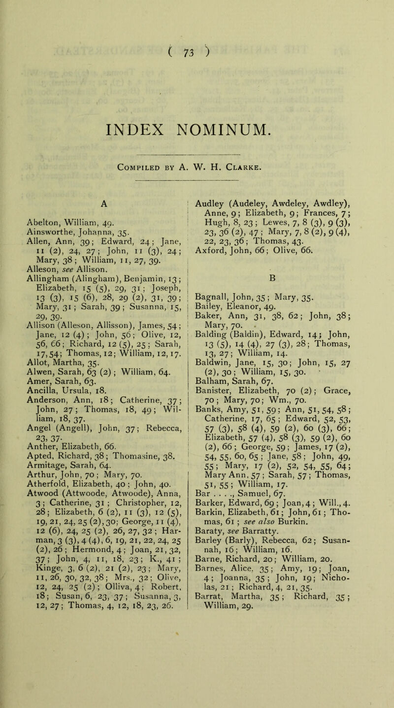 INDEX NOMINUM. Compiled by A. W. H. Clarke. Abelton, William, 49. Ainsworthe, Johanna, 35. Allen, Ann, 39; Edward, 24; Jane, 11 (2), 24, 27; John, 11 (3), 24; Mary, 38 ; William, 11, 27, 39. Alleson, see Allison. Allingham (Alingham), Benjamin, 13 ; j Elizabeth, 15 (5), 29, 31 ; Joseph, j 13 (3), 15 (6), 28, 29 (2), 31, 39; j Mary, 31; Sarah, 39; Susanna, 15, I 29, 39-' Allison (Alleson, Allisson), James, 54 ; 1 Jane, 12(4); John, 56; Olive, 12, j 56, 66; Richard, 12(5), 25 ; Sarah, | 17,54; Thomas, 12; William, 12,17. Allot, Martha, 35. Alwen, Sarah, 63 (2) ; William, 64. Amer, Sarah, 63. Ancilla, Ursula, 18. Anderson, Ann, 18; Catherine, 37; John, 27; Thomas, 18, 49; Wil- j liam, 18, 37. Angel (Angell), John, 37; Rebecca, j 23, 37- Anther, Elizabeth, 66. Apted, Richard, 38; Thomasine, 38. j Armitage, Sarah, 64. Arthur, John, 70 ; Mary, 70. Atherfold, Elizabeth, 40 ; John, 40. Atwood (Attwoode, Atwoode), Anna, 3; Catherine, 31 ; Christopher, 12, 28; Elizabeth, 6 (2), 11 (3), 12 (5), 19, 21, 24, 25 (2), 30; George, 11 (4), 12 (6), 24, 25 (2), 26, 27, 32 ; Har- man, 3 (3), 4 (4), 6, 19, 21, 22, 24, 25 (2), 26; Hermond, 4; Joan, 21,32, 37 ; John, 4, 11, 18, 23; K., 41 ; Kinge, 3, 6 (2), 21 (2), 23; Mary, 11, 26, 30, 32, 38; Mrs., 32; Olive, 12, 24, 25 (2); Olliva, 4; Robert, 18; Susan, 6, 23, 37 ; Susanna, 3, 12, 27; Thomas, 4, 12, 18, 23, 26. Audley (Audeley, Awdeley, Awdley), Anne, 9; Elizabeth, 9; Frances, 7; Hugh, 8, 23; Lewes, 7, 8 (3), 9 (3), 23, 36 (2), 47 5 Mary, 7, 8 (2), 9 (4), 22, 23, 36 ; Thomas, 43. Axford, John, 66; Olive, 66v B Bagnall, John, 35 ; Mary, 35. Bailey, Eleanor, 49. Baker, Ann, 31, 38, 62; John, 38; Mary, 70. Balding (Baldin), Edward, 14; John, 13 (5), H (4), 27 (3), 28; Thomas, 13, 27; William, 14. Baldwin, Jane, 15, 30; John, 15, 27 (2), 30 ; William, 15, 30. Balham, Sarah, 67. Banister, Elizabeth, 70 (2); Grace, 70; Mary, 70; Wm, 70. Banks, Amy, 51,59; Ann, 51,54, 58; Catherine, 17, 65 ; Edward, 52, 53, 57 (3), 58 (4), 59 (2), 60 (3), 66; Elizabeth, 57 (4), 58 (3), 59 (2), 60 (2), 66; George, 59; James, 17 (2), 54j 55, 60, 65 ; Jane, 58 ; John, 49, 55; Mary, 17 (2), 52, 54, 55, 64; Mary Ann, 57 ; Sarah, 57 ; Thomas, 51, 55; William, 17. Bar . . . ., Samuel, 67. Barker, Edward, 69 ; Joan, 4; Will., 4. Barkin, Elizabeth, 61; John, 61; Tho- mas, 61 ; see also Burkin. Baraty, see Barratty. Barley (Barly), Rebecca, 62; Susan- nah, 16; William, 16. Barne, Richard, 20; William, 20. Barnes, Alice, 35; Amy, 19; Joan, 4; Joanna, 35; John, 19; Nicho- las, 21 ; Richard, 4, 21, 35. Barrat, Martha, 35; Richard, 35; William, 29.