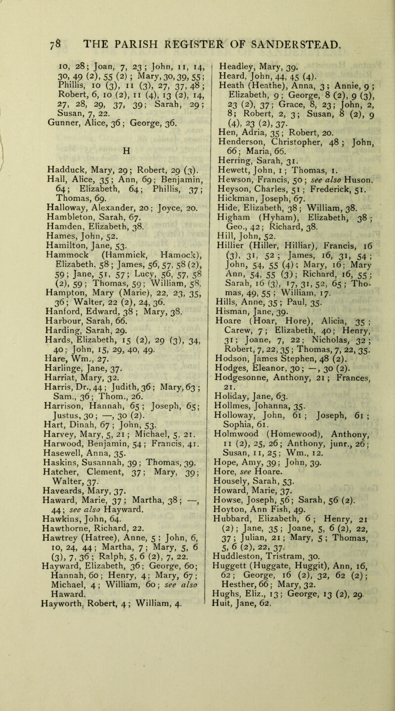 io, 28; Joan, 7, 23; John, 11, 14, 30, 49 (2), 55 (2) ; Mary, 30,39, 55; Phillis, 10 (3), 11 (3), 27, 37,48; Robert, 6, 10 (2), n (4), 13 (2), 14, 27, 28, 29, 37, 39; Sarah, 29; Susan, 7, 22. Gunner, Alice, 36 ; George, 36. H Hadduck, Mary, 29; Robert, 29 (3). Hall, Alice, 35; Ann, 69; Benjamin, 64; Elizabeth, 64; Phillis, 37; Thomas, 69. Halloway, Alexander, 20; Joyce, 20. Hambleton, Sarah, 67. Hamden, Elizabeth, 38. Hames, John, 52. Hamilton, Jane, 53. Hammock (Hammick, Hamock), Elizabeth, 58 ; James, 56, 57, 58 (2), 59; Jane, 51, 57; Lucy, 56, 57, 58 (2), 59 ; Thomas, 59; William, 58. Hampton, Mary (Marie), 22, 23, 35, 36; Walter, 22 (2), 24, 36. Hanford, Edward, 38 ; Mary, 38. Harbour, Sarah, 66. Harding, Sarah, 29. Hards, Elizabeth, 15 (2), 29 (3), 34, 40; John, 15, 29, 40, 49. Hare, Wm., 27. Harlinge, Jane, 37. Harriat, Mary, 32. Harris, Dr., 44; Judith, 36; Mary, 63; Sam., 36; Thom., 26. Harrison, Hannah, 65; Joseph, 65; Justus, 30 ; —, 30 (2). Hart, Dinah, 67 ; John, 53. Harvey, Mary, 5, 21 ; Michael, 5, 21. Harwood, Benjamin, 54; Francis, 41. Hasewell, Anna, 35. Haskins, Susannah, 39 ; Thomas, 39. Hatcher, Clement, 37; Mary, 39; Walter, 37. Haveards, Mary, 37. Haward, Marie, 37 ; Martha, 38 ; —, 44; see also Hayward. Hawkins, John, 64. Hawthorne, Richard, 22. Hawtrey (Hatree), Anne, 5 ; John, 6, IO, 24, 44 ; Martha, 7 ; Mary, 5, 6 (3)> 7> 36 ; Ralph, 5, 6 (2), 7, 22. Hayward, Elizabeth, 36; George, 60; Hannah, 60 ; Henry, 4; Mary, 67; Michael, 4; William, 60; see also Haward. Hayworth. Robert, 4 ; William, 4. Headley, Mary, 39. Heard, John, 44, 45 (4). Heath (Heathe), Anna, 3 ; Annie, 9 ; Elizabeth, 9 ; George, 8 (2), 9 (3), 23 (2)> 37; Grace, 8, 23; John, 2, 8; Robert, 2, 3; Susan, 8 (2), 9 (4), 23 (2), 37. Hen, Adria, 35 ; Robert, 20. Henderson, Christopher, 48; John, 66; Maria, 66. Herring, Sarah, 31. Hewett, John, i; Thomas, 1. Hewson, Francis, 50; see also Huson. Heyson, Charles, 51 ; Frederick, 51. Hickman, Joseph, 67. Hide, Elizabeth, 38; William, 38. Higham (Hyham), Elizabeth, 38 ; Geo., 42 ; Richard, 38. Hill, John, 52. Hillier (Hiller, Hilliar), Francis, 16 (3). 3L 52 ; James, 16, 31, 54 ; John, 54, 55 (4) ; Mary, 16; Mary Ann, 54, 55 (3); Richard, 16, 55; Sarah, 16 (3), T7, 31, 52, 65 ; Tho- mas, 49, 55 ; William, 17. Hills, Anne, 35 ; Paul, 35. H isman, Jane, 39. Hoare (Hoar, Hore), Alicia, 35 ; Carew, 7 ; Elizabeth, 40; Henry, 31: Joane, 7, 22; Nicholas, 32; Robert, 7, 22, 35 ; Thomas, 7, 22, 35. Hodson, James Stephen, 48 (2). Hodges, Eleanor, 30; —, 30 (2). Hodgesonne, Anthony, 21; Frances, 21. Holiday, Jane, 63. Hollmes, Johanna, 35. Holloway, John, 61 ; Joseph, 61 ; Sophia, 61. Holm wood (Homewood), Anthony, 11 (2), 25, 26; Anthony, junr., 26; Susan, 11, 25 ; Wm., 12. Hope, Amy, 39; John, 39. Hore, see Hoare. Housely, Sarah, 53. Howard, Marie, 37. Howse, Joseph, 56; Sarah, 56 (2). Hoyton, Ann Fish, 49. Hubbard, Elizabeth, 6 ; Henry, 21 (2); Jane, 35 ; Joane, 5, 6 (2), 22, 37; Julian, 21; Mary, 5; Thomas, 5, 6 (2), 22, 37. Huddleston, Tristram, 30. Huggett (Huggate, Huggit), Ann, 16, 62; George, 16 (2), 32, 62 (2); Hesther, 66; Mary, 32. Hughs, Eliz., 13; George, 13 (2), 29. Huit, Jane, 62,