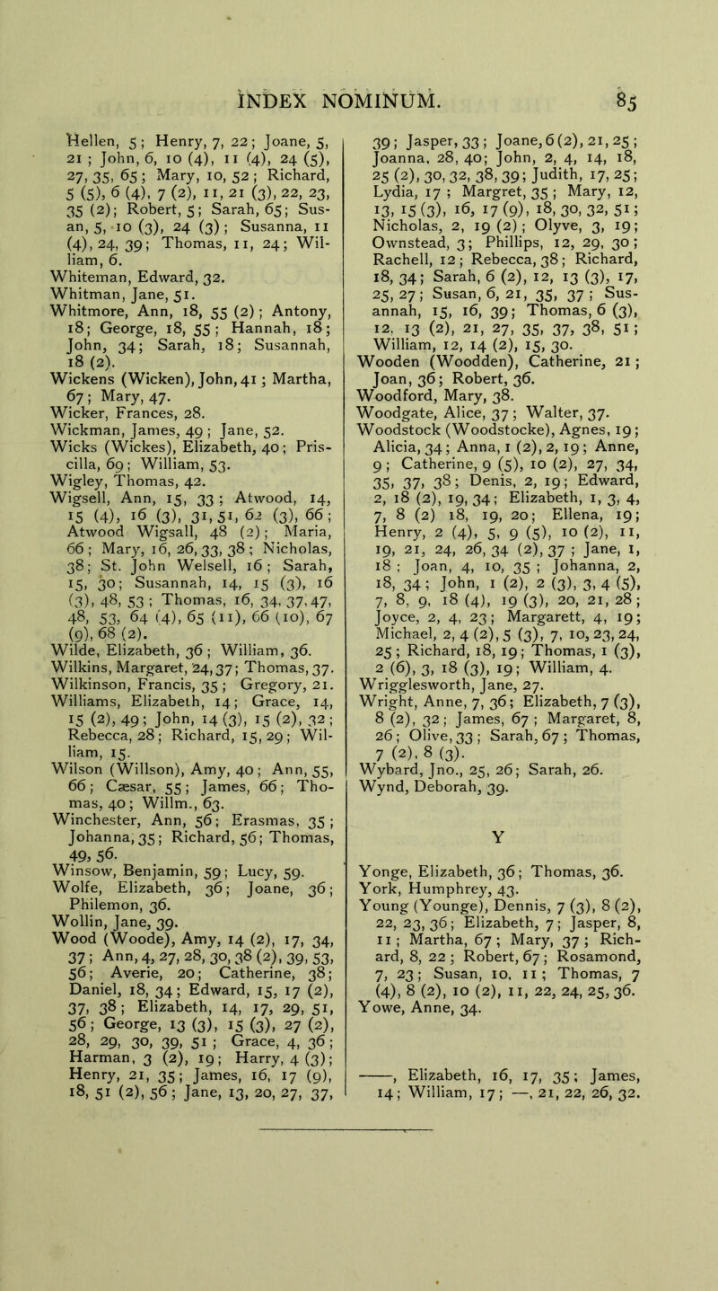 Hellen, 5 ; Henry, 7, 22; Joane, 5, 21 ; John, 6, 10 (4), 11 (4), 24 (5), 27, 35, 65 ; Mary, 10, 52 ; Richard, 5 (5)5 6 (4), 7 (2), 1 r, 21 (3), 22, 23, 35(2); Robert, 5; Sarah, 65; Sus- an, 5, 10 (3), 24 (3); Susanna, 11 (4), 24, 39; Thomas, 11, 24; Wil- liam, 6. Whiteman, Edward, 32. Whitman, Jane, 51. Whitmore, Ann, 18, 55 (2); Antony, 18; George, 18, 55; Hannah, 18; John, 34; Sarah, 18; Susannah, 18 (2). Wickens (Wicken), John, 41; Martha, 67; Mary, 47. Wicker, Frances, 28. Wickman, James, 49 ; Jane, 52. Wicks (Wickes), Elizabeth, 40; Pris- cilla, 69; William, 53. Wigley, Thomas, 42. Wigsell, Ann, 15, 33 ; Atwood, 14, 15 (4)5 16 (3), 3i,5i. 62 (3), 66; Atwood Wigsall, 48 (2) ; Maria, 66 ; Mary, 16, 26,33, 38 ; Nicholas, 38; St. John Welsell, 16; Sarah, 15, 30; Susannah, 14, 15 (3), 16 (3), 48, 53 ; Thomas, 16, 34, 37,47, 48, 53, 64 (4), 65 (11), 66 (10), 67 (9), 68 (2). Wilde, Elizabeth, 36 ; William, 36. Wilkins, Margaret, 24,37; Thomas, 37. Wilkinson, Francis, 35 ; Gregory, 21. Williams, Elizabeth, 14; Grace, 14, 15 (2), 49; John> l4 (3), 15 (2), 32 ; Rebecca, 28; Richard, 15,29; Wil- liam, 15. Wilson (Willson), Amy, 40 ; Ann, 55, 66; Caesar, 55 ; James, 66; Tho- mas, 40; Willm., 63. Winchester, Ann, 56; Erasmas, 35; Johanna, 35; Richard, 56; Thomas, 49, 56. Winsow, Benjamin, 59; Lucy, 59. Wolfe, Elizabeth, 36; Joane, 36; Philemon, 36. Wollin, Jane, 39. Wood (Woode), Amy, 14 (2), 17, 34, 37 ; Ann, 4, 27, 28, 30, 38 (2), 39, 53, 56; Averie, 20; Catherine, 38; Daniel, 18, 34; Edward, 15, 17 (2), 37, 38; Elizabeth, 14, 17, 29, 51, 56; George, 13 (3), 15 (3), 27 (2), 28, 29, 30, 39, 51 ; Grace, 4, 36; Harman, 3 (2), 19; Harry, 4 (3); Henry, 21, 35; James, 16, 17 (9), 39; Jasper, 33; Joane, 6 (2), 21, 25 ; Joanna, 28, 40; John, 2, 4, 14, 18, 25 (2), 30, 32, 38, 39; Judith, 17, 25; Lydia, 17 ; Margret, 35 ; Mary, 12, 13, 15 (3), l6> 17 (9), 18, 30, 32, 51; Nicholas, 2, 19(2); Olyve, 3, 19; Ownstead, 3; Phillips, 12, 29, 30; Rachell, 12 ; Rebecca, 38; Richard, 18, 34; Sarah, 6 (2), 12, 13 (3), 17, 25,27; Susan, 6, 21, 35, 37; Sus- annah, 15, 16, 39; Thomas, 6 (3), 12, 13 (2), 21, 27, 35, 37, 38, 51 ; William, 12, 14 (2), 15, 30. Wooden (Woodden), Catherine, 21 ; Joan, 36; Robert, 36. Woodford, Mary, 38. Woodgate, Alice, 37 ; Walter, 37. Woodstock (Woodstocke), Agnes, 19; Alicia, 34; Anna, 1 (2), 2,19; Anne, 9 ; Catherine, 9 (5), 10 (2), 27, 34, 35, 37, 38; Denis, 2, 19; Edward, 2, 18 (2), 19, 34; Elizabeth, 1, 3, 4, 7, 8 (2) 18, 19, 20; Ellena, 19; Henry, 2 (4), 5, 9 (5), 10 (2), II, 19, 21, 24, 26, 34 (2), 37 ; Jane, 1, 18 ; Joan, 4, 10, 35 ; Johanna, 2, 18, 34; John, 1 (2), 2 (3), 3,4 (5), 7, 8, 9, 18 (4), 19 (3), 20, 21, 28; Joyce, 2, 4, 23; Margarett, 4, 19; Michael, 2, 4 (2), 5 (3), 7, 10, 23, 24, 25 ; Richard, 18, 19; Thomas, 1 (3), 2.(6), 3, 18 (3), 19; William, 4. Wrigglesworth, Jane, 27. Wright, Anne, 7, 36; Elizabeth, 7 (3), 8 (2), 32; James, 67; Margaret, 8, 26; Olive, 33 ; Sarah, 67 ; Thomas, 7 (2), 8 (3). Wybard, Jno., 25, 26; Sarah, 26. Wynd, Deborah, 39. Y Yonge, Elizabeth, 36; Thomas, 36. York, Humphrey, 43. Young (Younge), Dennis, 7 (3), 8 (2), 22, 23,36; Elizabeth, 7; jasper, 8, 11 ; Martha, 67 ; Mary, 37 ; Rich- ard, 8, 22 ; Robert, 67 ; Rosamond, 7, 23; Susan, 10, 11 ; Thomas, 7 (4), 8 (2), 10 (2), 11, 22, 24, 25, 36. Yowe, Anne, 34. , Elizabeth, 16, 17, 35; James,