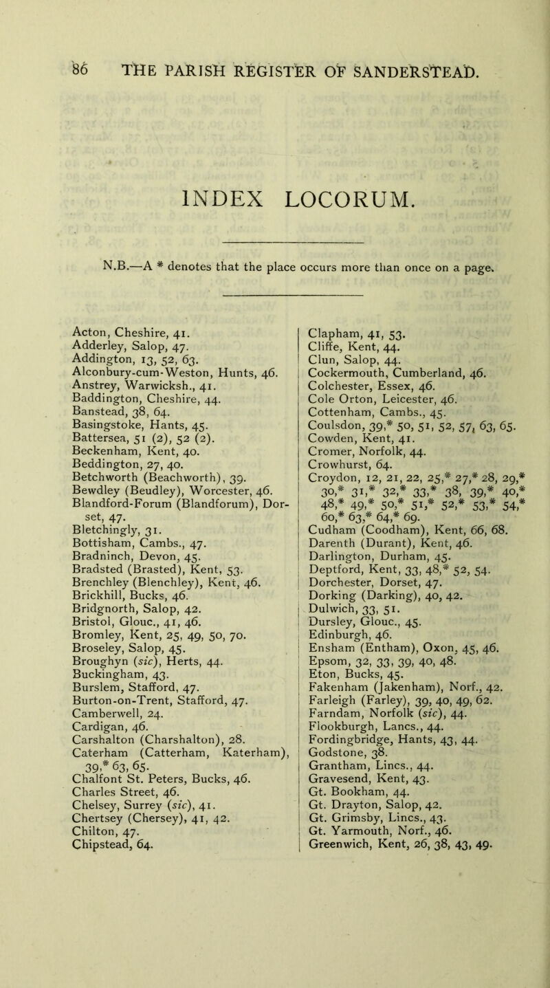 INDEX LOCORUM. N.B.—A # denotes that the place occurs more than once on a page* Acton, Cheshire, 41. Adderley, Salop, 47. Addington, 13, 52, 63. Alconbury-cum-Weston, Hunts, 46. Anstrey, Warwicksh., 41. Baddington, Cheshire, 44. Banstead, 38, 64. Basingstoke, Hants, 45. Battersea, 51 (2), 52 (2). Beckenham, Kent, 40. Beddington, 27, 40. Betchworth (Beachworth), 39. Bewdley (Beudley), Worcester, 46. Blandford-Forum (Blandforum), Dor- set, 47. Bletchingly, 31. Bottisham, Cambs., 47. Bradninch, Devon, 45. Bradsted (Brasted), Kent, 53. Brenchley (Blenchley), Kent, 46. Brickhill, Bucks, 46. Bridgnorth, Salop, 42. Bristol, Glouc., 41, 46. Bromley, Kent, 25, 49, 50, 70. Broseley, Salop, 45. Broughyn (sic), Herts, 44. Buckingham, 43. Burslem, Stafford, 47. Burton-on-Trent, Stafford, 47. Camberwell, 24. Cardigan, 46. Carshalton (Charshalton), 28. Caterham (Catterham, Katerham), 39 * 63, 65. Chalfont St. Peters, Bucks, 46. Charles Street, 46. Chelsey, Surrey (sic), 41. Chertsey (Chersey), 41, 42. Chilton, 47. Chip stead, 64. Clapham, 41, 53. Cliffe, Kent, 44. Clun, Salop, 44. Cockermouth, Cumberland, 46. Colchester, Essex, 46. Cole Orton, Leicester, 46. Cottenham, Cambs., 45. Coulsdon, 39,* 50, 51, 52, 57, 63, 65. Cowden, Kent, 41. Cromer, Norfolk, 44. Crowhurst, 64. Croydon, 12, 21, 22, 25,* 27,* 28, 29,* 30,* 31,* 32,* 33,* 38, 39,* 40* 48,* 49,# 50,* 51,* 52,# 53,* 54,* 60,* 63,* 64,# 69. Cudham (Coodham), Kent, 66, 68. Darenth (Durant), Kent, 46. Darlington, Durham, 45. Deptford, Kent, 33, 48,* 52, 54. Dorchester, Dorset, 47. Dorking (Darking), 40, 42. Dulwich, 33, 51. Dursley, Glouc., 45. Edinburgh, 46. Ensham (Entham), Oxon, 45, 46. Epsom, 32, 33, 39, 40, 48.' Eton, Bucks, 45. Fakenham (jakenham), Norf., 42. Farleigh (Farley), 39, 40, 49, 62. Farndam, Norfolk (sic), 44. Flookburgh, Lancs., 44. Fordingbridge, Hants, 43, 44. Godstone, 38. Grantham, Lines., 44. Gravesend, Kent, 43. Gt. Bookham, 44. Gt. Drayton, Salop, 42. Gt. Grimsby, Lines., 43. Gt. Yarmouth, Norf., 46. Greenwich, Kent, 26, 38, 43, 49.