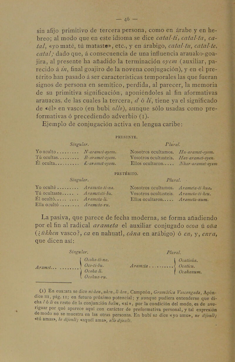 — 4(i) * * * * 6 — sin afijo primitivo de tercera persona, como en árabe y en he- breo; al modo que en este idioma se dice catal-ti, catal-ta, ca- tal, «yo maté, tú mataste», etc., y en árabigo, catcil-tii, catal-te, catal; dado que, á consecuencia de una influencia arauako-goa- jira, al presente ha añadido la terminación oyem (auxiliar, pa- recido á in, final goajiro de la novena conjugación), y en el pre- térito han pasado á ser características temporales las que fueran signos de persona en semítico, perdida, al parecer, la memoria de su primitiva significación, aponiéndoles al fin aformativas arauacas, de las cuales la tercera, d ó li, tiene ya el significado de «él» en vasco (en bubi olio), aunque sólo usadas como pre- formativas ó precediendo adverbio (i). Ejemplo de conjugación activa en lengua caribe: PRESENTE. Singular. P lural. Yo oculto . ... Nosotros ocultamos. Hu - aramet-oyem. Tú ocultas..., Vosotros ocultasteis. Haz -áramete oyen. Él oculta.... Ellos ocultaron Nhar-a ramet-oj tm PRETÉRITO. Singular. Plural. Yo oculté .... Nosotros ocultamos. A rameta-ti- hua. Tú ocultaste.. Vosotros ocultasteis. A rameta-ti-heu. Él ocultó Ellos ocultaron Arameta-num. Ella ocultó ,. La pasiva, que parece de fecha moderna, se forma añadiendo por el fin al radical arameta el auxiliar conjugado ocoa ú oi'ta (lükhcn vasco?, ca en náhuatl, cána en arábigo) ó en, y, cura, que dicen así: Singular. Plural. í O coha-ti-na. I Ocatioüa. Aramst / Oco-ti-bu. Aramela ( Ocaticu. I Ocoha h. I Ocahanum. I Ocolvua-ru. (i) En éuscara se dice ni-kcn, uken, li-hen, Campeón, Gramática Vascongada, Apén- dice ni, pág. 11; en futuro próximo potencial; y aunque pudiera entenderse que di- cha / ó li es resto de la conjunción balín, «si», por la condición del modo, es de ave- riguar por qué aparece aquí con carácter de preformativa personal, y tal expresión de modo no se muestra en las otras personas. En bubí se dice «yo amo», nc dijonlé; «tú amas», be dijonlé; «aquél ama», olio dijonlé.