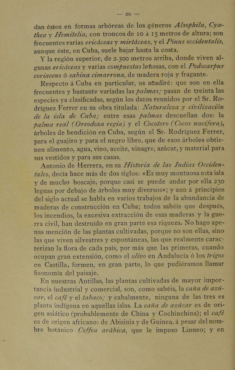 dan éstos en formas arbóreas de los géneros Alsophila, Cya- thea y Heniitelia, con troncos de lo á 15 metros de altura; son frecuentes varias ericáceas y mirtáceas^ y el Pinus occidentalis^ aunque éste, en Cuba, suele bajar hasta la costa. Y la región superior, de 2.300 metros arriba, donde viven al- gunas ericáceas y varias compuestas leñosas, con el Podocarpus- coriáceas ó sabina cimarrona^ de madera roja y fragante. Respecto á Cuba en particular, os añadiré: que son en ella frecuentes y bastante variadas las palmas; pasan de treinta las especies ya clasificadas, según los datos reunidos por el Sr. Ro- dríguez Ferrer en su obra titulada: Naturaleza y civilización de la isla de Cuba; entre esas palmas descuellan dos: la palma real (Oreodoxa regia) y el Cocotero (Cocos nucifera), árboles de bendición en Cuba, según el Sr. Rodríguez Ferrer, para el guajiro y para el negro libre, que de esos árboles obtie- nen alimento, agua, vino, aceite, vinagre, azúcar, y material para sus vestidos y para sus casas. Antonio de Herrera, en su Historia de las Indias Occiden- tales^ decía hace más de dos siglos: «Es muy montuosa esta isla y de mucho boscaje, porque casi se puede andar por ella 230 leguas por debajo de árboles muy diversos»; y aun á principios del siglo actual se habla en varios trabajos de la abundancia de maderas de construcción en Cuba; todos sabéis que después, los incendios, la excesiva extracción de esas maderas y la gue- rra civil, han destruido en gran parte esa riqueza. No hago ape- nas mención de las plantas cultivadas, porque no son ellas, sino las que viven silvestres y espontáneas, las que realmente carac- terizan la flora de cada país, por más que las primeras, cuando ocupan gran extensión, como el olivo en Andalucía ó los trigos en Castilla, formen, en gran parte, lo que pudiéramos llamar fisonomía del paisaje. En nuestras Antillas, las plantas cultivadas de mayor impor- tancia industrial y comercial, son, como sabéis, la caña de azú- car, el café y el tabaco; y cabalmente, ninguna de las tres es planta indígena en aquellas islas. La caña de azúcar es de ori- gen asiático (probablemente de China y Cochinchina); el café es de origen africano: de Abisiniay de Guinea, á pesar del nom- bre botánico Coffea arábica, que le impuso Linneo; y en