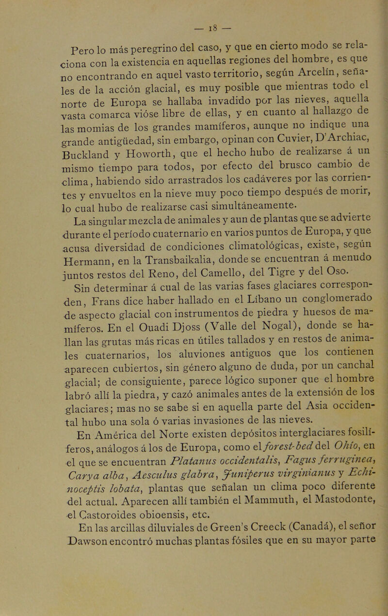 Pero lo más peregrino del caso, y que en cierto modo se rela- ciona con la existencia en aquellas regiones del hombre, es que no encontrando en aquel vasto territorio, según Arcelín, seña- les de la acción glacial, es muy posible que mientras todo el norte de Europa se hallaba invadido por las nieves, aquella vasta comarca vióse libre de ellas, y en cuanto al hallazgo de las momias de los grandes mamíferos, aunque no indique una grande antigüedad, sin embargo, opinan con Cuvier, D’Archiac, Buckland y Howorth, que el hecho hubo de realizarse á un mismo tiempo para todos, por efecto del brusco cambio, de clima, habiendo sido arrastrados los cadáveres por las corrien- tes y envueltos en la nieve muy poco tiempo después de morir, lo cual hubo de realizarse casi simultáneamente. La singular mezcla de animales y aun de plantas que se advierte durante el período cuaternario en varios puntos de Europa, y que acusa diversidad de condiciones climatológicas, existe, según Hermann, en la Transbaikalia, donde se encuentran á menudo juntos restos del Reno, del Camello, del Tigre y del Oso. Sin determinar á cual de las varias fases glaciares correspon- den , Frans dice haber hallado en el Líbano un conglomerado de aspecto glacial con instrumentos de piedra y huesos de ma- míferos. En el Ouadi Djoss (Valle del Nogal), donde se ha- llan las grutas más ricas en útiles tallados y en restos de anima- les cuaternarios, los aluviones antiguos que los contienen aparecen cubiertos, sin género alguno de duda, por un canchal glacial; de consiguiente, parece lógico suponer que el hombre labró allí la piedra, y cazó animales antes de la extensión de los glaciares; mas no se sabe si en aquella parte del Asia occiden- tal hubo una sola ó varias invasiones de las nieves. En América del Norte existen depósitos interglaciares fosilí- feros, análogos álos de Europa, como Aforcst'bcd del O/uo, en el que se encuentran Platanus occidentalis, Fagus ferruginea, Carya alba, Acsculus glabra, jfimipcrus virginianus y Ecln- noceptis lobata, plantas que señalan un clima poco diferente del actual. Aparecen allí también el Mammuth, el Mastodonte, el Castoroides obioensis, etc. En las arcillas diluviales de Green’s Creeck (Canadá), el señor Dawson encontró muchas plantas fósiles que en su mayor parte