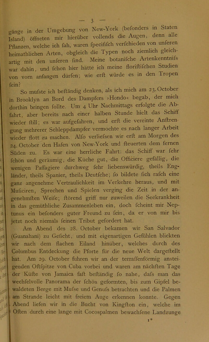 Crange in der Umgebung von New-York (befonders m Staten Island) öffneten mir hierüber vollends die Augen, denn alle Pflanzen, welche ich fah, waren fpecififch verfchieden von unteren heimatlichen Arten, obgleich die Typen noch ziemlich gleich- artig mit den unteren find. Meine botanifche Artenkenntmfs war dahin, und fchon hier hätte ich meine floriftifchen Studien von vorn anfangen dürfen; wie erH würde es in den Tropen fein? So mufste ich belländig denken, als ich mich am 23. October in Brooklyn an Bord des Dampfers »Hondo« begab, der mich dorthin bringen follte. Um 4 Uhr Nachmittags erfolgte die Ab- fahrt, aber bereits nach einer halben Stunde hielt das Schiff wieder ftill; es war aufgefahren, und erfl die vereinte Anftren- gung mehrerer Schleppdampfer vermochte es nach langer Arbeit wieder flott zu machen. Alfo verliefsen wir erfl am Moigen des 24 October den Hafen von New-York und Heuerten dem feinen Süden zu. Es war eine herrliche Fahrt: das Schiff war fehr fchön und geräumig, die Küche gut, die Officiere gefällig, die wenigen Paffagiere durchweg fehr liebenswürdig, theils Eng- länder, theils Spanier, theils Deutfche; fo bildete fleh rafch eine ganz angenehme Vertraulichkeit im Verkehre heraus, und mit Muflciren, Sprechen und Spielen verging die Zeit in der an- genehmften Weife; Hörend griff nur zuweilen die Seekrankheit in das gemüthliche Zusammenleben ein, doch fcheint mir Nep- tunus ein befonders guter Freund zu fein, da er von mir bis jetzt noch niemals feinen Tribut gefordert hat. Am Abend des 28. October bekamen wir San Salvador (Guanahani) zu Gefleht, und mit eigenartigen Gefühlen blickten wir nach dem flachen Eiland hinüber, welches durch des Columbus Entdeckung die Pforte für die neue Welt dargeHellt hat. Am 29. October fuhren wir an der terraffenförmig anstei- genden OHfpitze von Cuba vorbei und waren am nächHen Tage der KüHe von Jamaica faH beHändig fo nahe, dafs man das wechfelvolle Panorama der fchön geformten, bis zum Gipfel be- waldeten Berge mit Mufse und Genufs betrachten und die Palmen am Strande leicht mit freiem Auge erkennen konnte. Gegen Abend liefen wir in die Bucht von KingHon ein, welche im OHen durch eine lange mit Cocospalmen bewachfene Landzunge