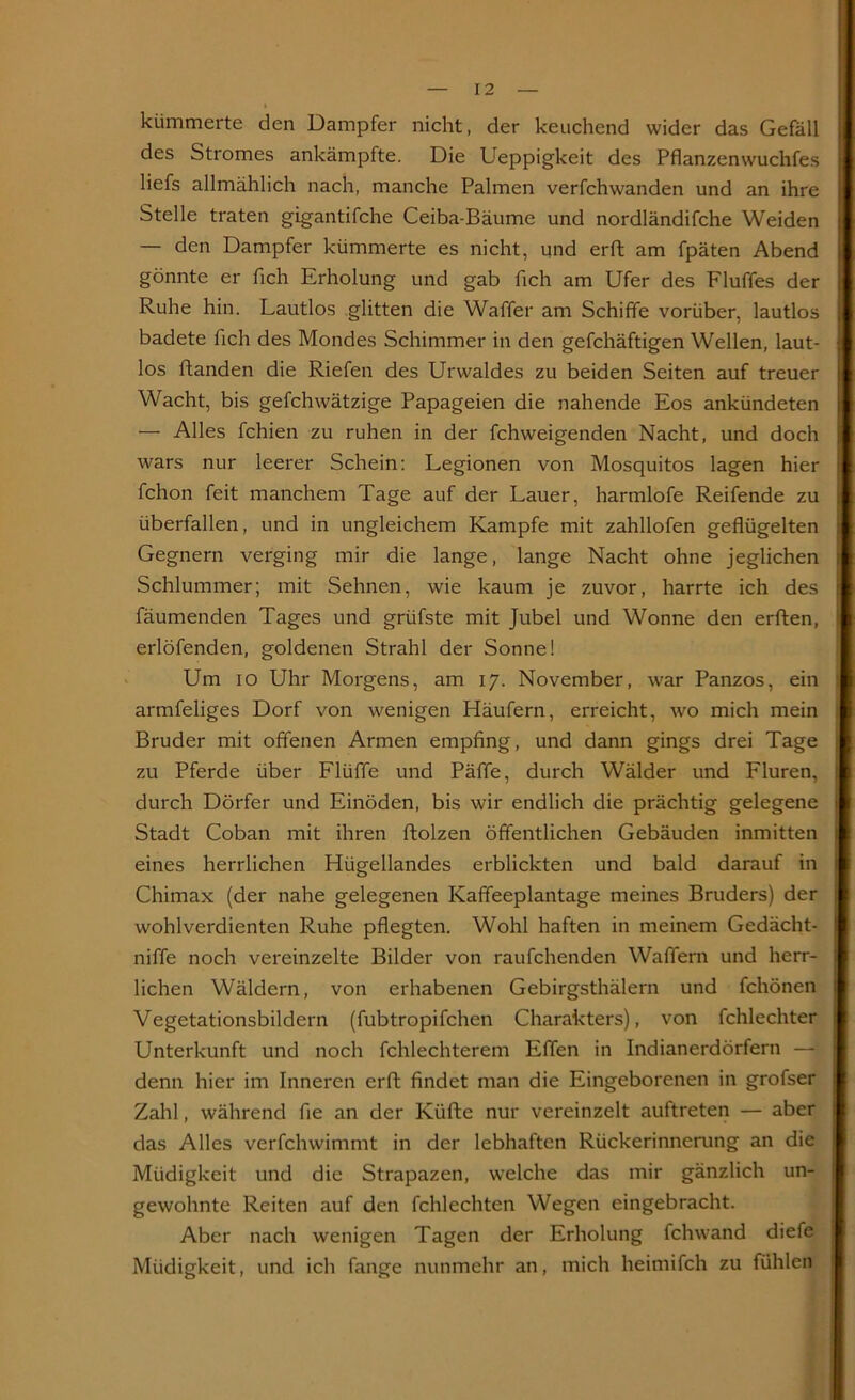 kümmerte den Dampfer nicht, der keuchend wider das Gefäll des Stromes ankämpfte. Die Ueppigkeit des Pflanzenwuchfes liefs allmählich nach, manche Palmen verfchwanden und an ihre Stelle traten gigantifche Ceiba-Bäume und nordländifche Weiden — den Dampfer kümmerte es nicht, und erft am fpäten Abend gönnte er fich Erholung und gab fich am Ufer des Fluffes der Ruhe hin. Lautlos glitten die Waffer am Schiffe vorüber, lautlos badete fich des Mondes Schimmer in den gefchäftigen Wellen, laut- los ftanden die Riefen des Urwaldes zu beiden Seiten auf treuer Wacht, bis gefchwätzige Papageien die nahende Eos ankündeten — Alles fchien zu ruhen in der fchweigenden Nacht, und doch wars nur leerer Schein: Legionen von Mosquitos lagen hier fchon feit manchem Tage auf der Lauer, harmlofe Reifende zu überfallen, und in ungleichem Kampfe mit zahllofen geflügelten Gegnern verging mir die lange, lange Nacht ohne jeglichen Schlummer; mit Sehnen, wie kaum je zuvor, harrte ich des fäumenden Tages und grüfste mit Jubel und Wonne den erften, erlöfenden, goldenen Strahl der Sonne! Um io Uhr Morgens, am 17. November, war Panzos, ein armfeliges Dorf von wenigen Häufern, erreicht, wo mich mein Bruder mit offenen Armen empfing, und dann gings drei Tage zu Pferde über Flüffe und Päffe, durch Wälder und Fluren, durch Dörfer und Einöden, bis wir endlich die prächtig gelegene Stadt Coban mit ihren ftolzen öffentlichen Gebäuden inmitten eines herrlichen Hügellandes erblickten und bald darauf in Chimax (der nahe gelegenen Kaffeeplantage meines Bruders) der wohlverdienten Ruhe pflegten. Wohl haften in meinem Gedächt- niffe noch vereinzelte Bilder von raufchenden Waffern und herr- lichen Wäldern, von erhabenen Gebirgsthälern und fchönen Vegetationsbildern (fubtropifchen Charakters), von fchlechter Unterkunft und noch fchlechterem Effen in Indianerdörfern — denn hier im Inneren erft findet man die Eingeborenen in grofser Zahl, während fie an der Küfte nur vereinzelt auftreten — aber das Alles verfchwimmt in der lebhaften Rückerinnerung an die Müdigkeit und die Strapazen, welche das mir gänzlich un- gewohnte Reiten auf den fchlechten Wegen eingebracht. Aber nach wenigen Tagen der Erholung fchwand diefe Müdigkeit, und ich fange nunmehr an, mich heimifch zu fühlen