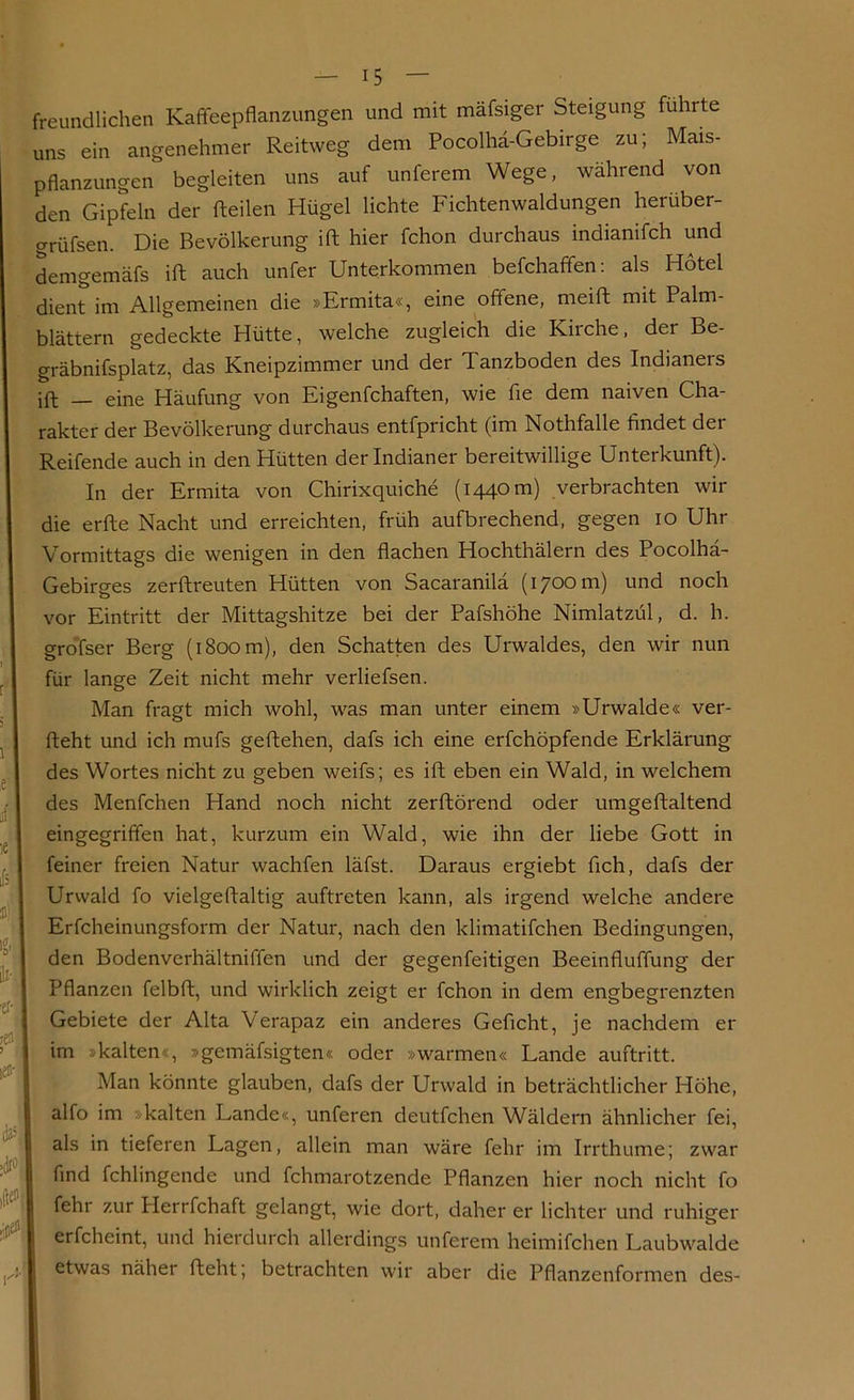 freundlichen Kaffeepflanzungen und mit mäfsiger Steigung führte uns ein angenehmer Reitweg dem Pocolhä-Gebirge zu; Mais- pflanzungen begleiten uns auf unferem Wege, während von den Gipfeln der fteilen Hügel lichte Fichtenwaldungen herüber- grüfsen. Die Bevölkerung ift hier fchon durchaus indianifch und demgemäfs ift auch unfer Unterkommen befchaffen: als Hotel dient im Allgemeinen die »Ermita«, eine offene, meift mit Palm- blättern gedeckte Hütte, welche zugleich die Kirche, der Be- gräbnifsplatz, das Kneipzimmer und der Tanzboden des Indianers ift eine Häufung von Eigenfchaften, wie fie dem naiven Cha- j-jjkfer der Bevölkerung durchaus entfpricht (im Nothfalle findet dei Reifende auch in den Hütten der Indianer bereitwillige Unterkunft). In der Ermita von Chirixquiche (1440 m) verbrachten wir die erfte Nacht und erreichten, früh auf brechend, gegen 10 Uhr Vormittags die wenigen in den flachen Hochthälern des Pocolhä- Gebirges zerftreuten Hütten von Sacaranilä (1700 m) und noch vor Eintritt der Mittagshitze bei der Pafshöhe Nimlatzül, d. h. grofser Berg (1800 m), den Schatten des Urwaldes, den wir nun für lange Zeit nicht mehr verliefsen. Man fragt mich wohl, was man unter einem »Urwalde« ver- lieht und ich mufs geliehen, dafs ich eine erfchöpfende Erklärung des Wortes nicht zu geben weifs; es ift eben ein Wald, in welchem des Menfchen Hand noch nicht zerftörend oder umgeftaltend eingegriffen hat, kurzum ein Wald, wie ihn der liebe Gott in feiner freien Natur wachfen läfst. Daraus ergiebt fleh, dafs der Urwald fo vielgellaltig auftreten kann, als irgend welche andere Erfcheinungsform der Natur, nach den klimatifchen Bedingungen, den Bodenverhältniffen und der gegenfeitigen Beeinfluffung der Pflanzen felblt, und wirklich zeigt er fchon in dem engbegrenzten Gebiete der Alta Verapaz ein anderes Gefleht, je nachdem er im »kalten«, »gemäfsigten« oder »warmen« Lande auftritt. Man könnte glauben, dafs der Urwald in beträchtlicher Höhe, alfo im »kalten Lande«, unteren deutfehen Wäldern ähnlicher fei, als in tieferen Lagen, allein man wäre felir im Irrthume; zwar find fchlingende und fchmarotzende Pflanzen hier noch nicht fo fehr zur Herrfchaft gelangt, wie dort, daher er lichter und ruhiger erfcheint, und hierdurch allerdings unferem heimifchen Laubwalde etwas näher lieht; betrachten wir aber die Pflanzenformen des-