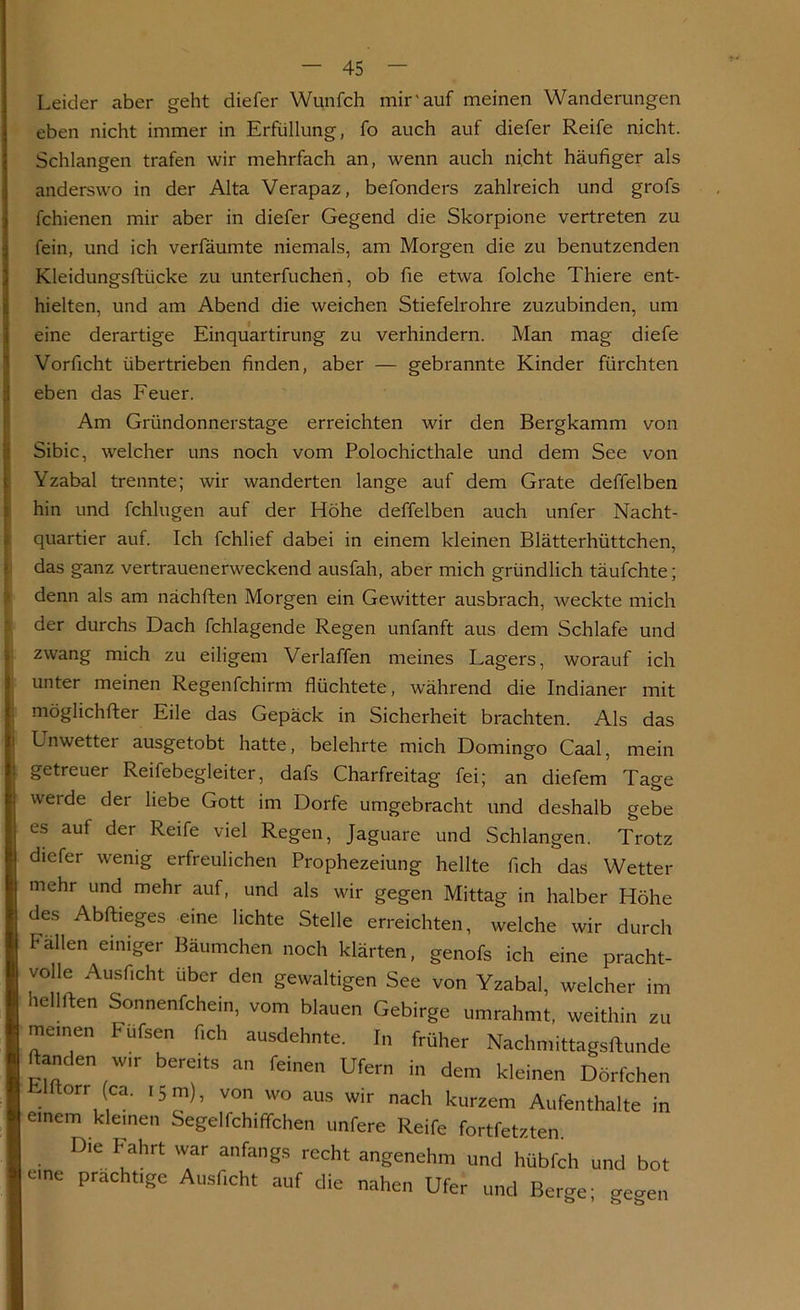 Leider aber geht diefer Wunfch mir'auf meinen Wanderungen eben nicht immer in Erfüllung, fo auch auf diefer Reife nicht. Schlangen trafen wir mehrfach an, wenn auch nicht häufiger als anderswo in der Alta Verapaz, befonders zahlreich und grofs fchienen mir aber in diefer Gegend die Skorpione vertreten zu fein, und ich verfäumte niemals, am Morgen die zu benutzenden Kleidungsftücke zu unterfuchen, ob fie etwa folche Thiere ent- hielten, und am Abend die weichen Stiefelrohre zuzubinden, um eine derartige Einquartirung zu verhindern. Man mag diefe Vorficht übertrieben finden, aber — gebrannte Kinder fürchten eben das Feuer. Am Gründonnerstage erreichten wir den Bergkamm von Sibic, welcher uns noch vom Polochicthale und dem See von Yzabal trennte; wir wanderten lange auf dem Grate deffelben hin und fchlugen auf der Höhe deffelben auch unfer Nacht- quartier auf. Ich fchlief dabei in einem kleinen Blätterhüttchen, das ganz vertrauenerweckend ausfah, aber mich gründlich täufchte; denn als am nächften Morgen ein Gewitter ausbrach, weckte mich der durchs Dach fchlagende Regen unfanft aus dem Schlafe und zwang mich zu eiligem Verlaffen meines Lagers, worauf ich unter meinen Regenfchirm flüchtete, während die Indianer mit möglichfter Eile das Gepäck in Sicherheit brachten. Als das Lnwetter ausgetobt hatte, belehrte mich Domingo Caal, mein getreuer Reifebegleiter, dafs Charfreitag fei; an diefem Tage werde der liebe Gott im Dorfe umgebracht und deshalb gebe es auf der Reife viel Regen, Jaguare und Schlangen. Trotz diefer wenig erfreulichen Prophezeiung hellte fleh das Wetter mehr und mehr auf, und als wir gegen Mittag in halber Höhe des Abftieges eine lichte Stelle erreichten, welche wir durch Fallen einiger Bäumchen noch klärten, genofs ich eine pracht- volle Ausficht über den gewaltigen See von Yzabal, welcher im nellften Sonnenfehein, vom blauen Gebirge umrahmt, weithin zu meinen Füfsen fich ausdehnte. In früher Nachmittagsftunde ftanden w,r bereits an feinen Ufern in dem kleinen Dörfchen orr (ca. 15m), von wo aus wir nach kurzem Aufenthalte in einem kleinen Segelfchiffchen unfere Reife fortfetzten. Die Fahrt war anfangs recht angenehm und hübfeh und bot une prächtige Ausficht auf die nahen Ufer und Berge; gegen