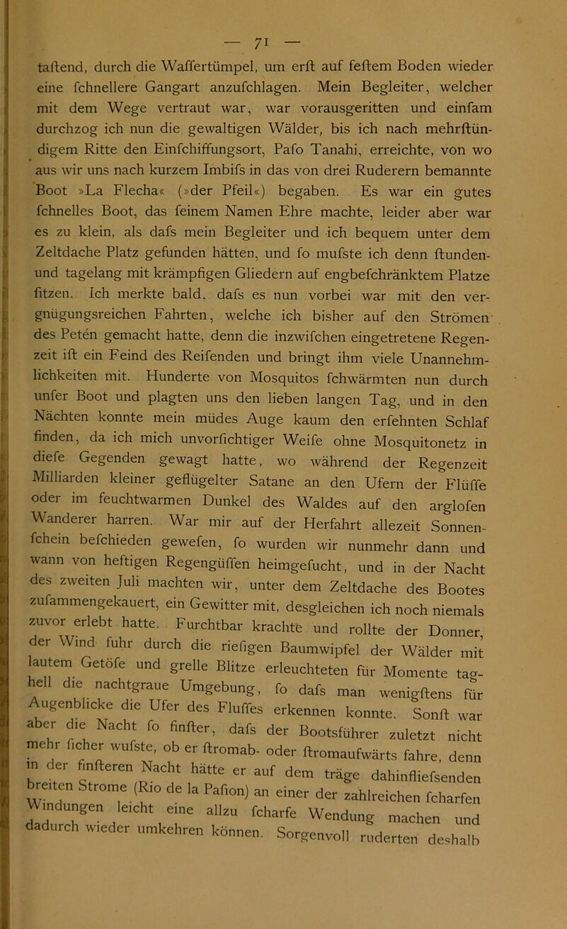 taftend, durch die Waffertümpel, um erft auf feftem Boden wieder eine fchnellere Gangart anzufchlagen. Mein Begleiter, welcher mit dem Wege vertraut war, war vorausgeritten und einfam durchzog ich nun die gewaltigen Wälder, bis ich nach mehrftün- digem Ritte den Einfchiffungsort, Pafo Tanahi, erreichte, von wo aus wir uns nach kurzem Imbifs in das von drei Ruderern bemannte Boot »La Flecha« (»der Pfeil«) begaben. Es war ein gutes fchnelles Boot, das feinem Namen Ehre machte, leider aber war es zu klein, als dafs mein Begleiter und ich bequem unter dem Zeltdache Platz gefunden hätten, und fo mufste ich denn ftunden- und tagelang mit krämpfigen Gliedern auf engbefchränktem Platze fitzen. Ich merkte bald, dafs es nun vorbei war mit den ver- gnügungsreichen Fahrten, welche ich bisher auf den Strömen des Peten gemacht hatte, denn die inzwifchen eingetretene Regen- zeit ift ein Feind des Reifenden und bringt ihm viele Unannehm- lichkeiten mit. Hunderte von Mosquitos fchwärmten nun durch unfer Boot und plagten uns den lieben langen Tag, und in den Nächten konnte mein müdes Auge kaum den erfehnten Schlaf finden, da ich mich unvorfichtiger Weife ohne Mosquitonetz in diefe Gegenden gewagt hatte, wo während der Regenzeit Milliarden kleiner geflügelter Satane an den Ufern der Flüffe oder im feuchtwarmen Dunkel des Waldes auf den arglofen Wanderer harren. War mir auf der Herfahrt allezeit Sonnen- fchein befchieden gewefen, fo wurden wir nunmehr dann und wann von heftigen Regengüßen heimgefucht, und in der Nacht des zweiten Juli machten wir, unter dem Zeltdache des Bootes zufammengekauert, ein Gewitter mit, desgleichen ich noch niemals zuvor erlebt hatte. Furchtbar krachte und rollte der Donner der Wind fuhr durch die rief,gen Baumwipfel der Wälder mit lautem Getofe und grelle Blitze erleuchteten für Momente taa- hell die nachtgraue Umgebung, fo dafs man wenigftens für Augenblicke die Ufer des Fluffes erkennen konnte. Sonft war aber che Nacht fo finfter, dafs der Bootsführer zuletzt nicht mehr ficher wufste, ob er ftromab- oder ftromaufwärts fahre, denn m der finfteren Nacht hätte er auf dem träge dahinfliefsenden reiten Strome (Rio de la Pafion) an einer der zahlreichen fcharfen Windungen leicht eine allzu fcharfe Wendung machen und dadurch wieder umkehren können. Sorgenvoll ruderten deshalb