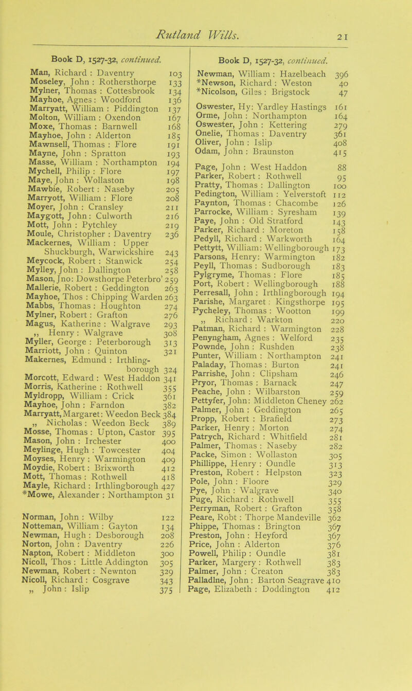 Book D, 1527-32, continued. Man, Richard : Daventry 103 Moseley, John ; Rothersthorpe 133 Mylner, Thomas : Cottesbrook 134 Mayhoe, Agnes : Woodford 136 Marryatt, William : Piddington 137 Molton, William ; Oxendon 167 Moxe, Thomas : Barnwell 168 Mayhoe, John ; Alderton 185 Mawnsell, Thomas ; Flore 191 Mayne, John ; Spratton 193 Masse, William ; Northampton 194 Mychell, Philip : Flore 197 Maye, John : Wollaston 198 Mawbie, Robert ; Naseby 205 Marryott, William : Flore 208 Moyer, John ; Cransley 211 Maygott, John ; Culworth 216 Mott, John : Pytchley 219 Moule, Christopher ; Daventry 236 Mackernes, Wdliam : Upper Shuckburgh, Warwickshire 243 Meycock, Robert : Stanwick 254 Mylley, John; Dallington 258 Mason, Jno: Dowsthorpe Peterbro’ 259 Mallerie, Robert : Geddington 263 Mayhoe, Thos : Chipping Warden 263 Mabbs, Thomas ; Houghton 274 Mylner, Robert: Grafton 276 Magus, Katherine : Walgrave 293 „ Henry : Walgrave 308 Myller, George : Peterborough 313 Marriott, John : Quinton 321 Makernes, Edmund ; Irthling- borough 324 Morcott, Edward : West Haddon 341 Morris, Katherine : Rothwell 355 Myldropp, William : Crick 361 Mayhoe, John : Farndon 382 Marryatt,Margaret: Weedon Beck 384 „ Nicholas : Weedon Beck 389 Mosse, Thomas : Upton, Castor 395 Mason, John : Irchester 400 Meylinge, Hugh : Towcester 404 Moyses, Henry : Warmington 409 Moydie, Robert: Brixworth 412 Mott, Thomas : Rothwell 418 Mayle, Richard : Irthlingborough 427 *Mowe, Alexander : Northampton 31 Norman, John : Wilby 122 Notteman, William : Gay ton 134 Newman, Hugh : Desborough 208 Norton, John : Daventry 226 Napton, Robert : Middleton 300 Nicoll, Thos : Little Addington 305 Newman, Robert: Newnton 329 Nicoll, Richard : Cosgrave 343 „ John : Islip 375 Book D, 1527-32, continued. Newman, William : Hazelbeach 396 *Newson, Richard ; Weston 40 *Nicolson, Giles : Brigstock 47 Oswester, Hy; Yardley Hastings 161 Orme, John : Northampton 164 Oswester, John : Kettering 279 Onelie, Thomas : Daventry 361 Oliver, John : Islip 408 Odam, John ; Braunston 415 Page, John : West Haddon 88 Parker, Robert : Rothwell 95 Pratty, Thomas : Dallington 100 Pedington, William ; Yelverstoft 112 Paynton, Thomas : Chacombe 126 Parrocke, William : Syresham 139 Paye, John : Old Stratford 143 Parker, Richard : Moreton 158 Pedyll, Richard : Warkworth 164 Pettytt, William: Wellingborough 173 Parsons, Henry: Warmington 182 Peyll, Thomas : Sudborough 183 Pylgryme, Thomas : Flore 185 Port, Robert: Wellingborough 188 Perresall, John ; Irthlingborough 194 Parishe, Margaret : Kingsthorpe 195 Pycheley, Thomas : Wootton 199 „ Richard : Warkton 220 Patman, Richard : Warmington 228 Penyngham, Agnes ; Welford 235 Pownde, John : Rushden 238 Punter, William : Northampton 241 Paladay, Thomas : Burton 241 Parrishe, John ; Clipsham 246 Pryor, Thomas : Barnack 247 Peache, John : Wilbarston 259 Pettyfer, John: Middleton Cheney 262 Palmer, John : Geddington 265 Propp, Robert : Brafield 273 Parker, Henry : Morton 274 Patrych, Richard : Whitfield 281 Palmer, Thomas ; Naseby 282 Packe, Simon : Wollaston 305 Phillippe, Henry : Oundle 313 Preston, Robert : Helpston 323 Pole, John : Floore 329 Pye, John : Walgrave 340 Puge, Richard : Rothwell 355 Perryman, Robert : Grafton 358 Peare, Robt: Thorpe Mandeville 362 Phippe, Thomas : Brington 367 Preston, John : Heyford 367 Price, John : Alderton 376 Powell, Philip : Oundle 381 Parker, Margery : Rothwell 383 Palmer, John : Creaton 383 Palladlne, John : Barton Seagrave 410 Page, Elizabeth : Doddington 412