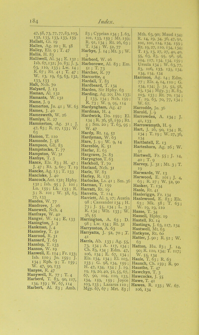 47,58, 73, 77,77,83,103, 132, 133, 133, 133, 159 Hallatt, Gi. 19 Hallen, Ag. 20 ; R. 58 Halley, Elz. 9 ; T. 47 Halils, H. 83 Halliwell, Al. 34 ; E. 132 ; Isb. 67,132; Jo. 83; J. 3, 63, no, 133 ; Lw. 14 ; R. 67 ; Rt. 41 ; T. 47 ; W. 13, 19, 63, 63, 132, 133, 133 Halt, Nch. 70 Halyard, J. 13 Haman, Al. 132 Hamants, W. 132 Hame, J. 9 Hamerton, Ju. 41 ; W. 63 Hames, J. 40 Hamesweth, W. 26 Hamlyn, R. 27 Hammerton, Ag. 31 ; J. 47, 63 ; R. 27, 133; W. 63 Hamon, T. no Hamonde, J. 58 Hampson, Git. 83 Hampstocke, T. 77 Hampston, W. 31 Hanbye, T. 3 Hance, Elz. 83 ; H. 47 ; J. 47 ; Rt. 3, 60 ; T. 19 Hancke, Ag. 13 ; T. 133 Hancloke, J. 40 Hancock, Ant. 132; Hphy. 132 ; Isb. 95 ; J. loi ; Lu. 159; Lk. 133 ; R. 3 ; S. loi ; W. 58, 63, 77, 133 Handes, W. 77 Handrove, J. 26 Hanewell, Nch. 4 Hanfraye, W. 40 Hanger, W. 14; E. 133 Hanington, J. 3 Hankman, J. 4 Hanneley, T. 52 Hanrood, R. 31 Hansard, T. 63 Hanslop, T. 133 Hanson, W. 19 Hanwell, E. 114; Fr. 133; Isb. no; Jo. 159; J. 134; Rph. 9; T. 159; W. 47, 90, 133 Hanyse, R. 47 Hanywell, R. 77 ; T. 4 Harberd, T. 83, 90, 117, 134, 159 ; W. 67, 114 Harbert, Al. 83; Amb. 83 ; Cyprian 134 ; J. 63, 101, '33, 159 ; Ml. 159; R. 91, 134 ; Rt. 26, 63 ; T. 134 ; W. 52, 77 Harbye, J. 14 ; Mt. 3 ; W. 3 Harbord, W. 26 Harborowe, Al. 83 ; Em. 51; T. 73 Harcher, R. 77 Harcortte, 4 Hardall, T. 83 Hardbeard, T. 134 Harden, Sir Hphy. 63 Harding, Ag. 20; Do. 133; J 133, 134; Nch. 159; R. 73 ; W. 9, 95, 114 Hardyngham, Ag. 47 Hardman, H. 4 Hardwick, Do. 159; El. 134 ;R. 36,58,159; Rt- 4 ; Sm. 20 ; T. 63, 95 ; W. 47 Hardy, Rt. 14, 52 Hardy man, W. 63 Hare, J. 9 ; W. 9, 14 Haresbie, K. 51 Harfar, E. 63 Hargrave, Js. 83 Haryngton, T. 63 Harkholl, T. 70 Harland, Nch. 31 Harle, W. 83 Harley, R. 133 Harlocke, Ls. 41 ; Sm. 36 Harman, T. 159 Harratt, Rt. 19 Harretts, T. 114 Harriett, Al. 3, 27; Austin 98 ; Cassander 134 ; H. 73; J- 55, 134 ; L. 3 ; R. 134 ; Wit. 133; W. 36, 55 Harrington, A. 63 ; D. 98 ; Lw. 134; Rt. 31 Harrynston, A. 63 Harryatts, J. 52, 70 ; J. 41 Harris, Ab. 133 ; Ag. 55, 73, 134 ; A. 117, 134 ; Ch. 83, 134 ; Edm. 47, 106, 134; E. 67, 134; Elz. 134, 134; El. 103, 133 ; G. 98, 134, 159 ; H. 47, 134, 134 ; J- 19, 19, 19,20,40, 52,55,67, 67, 90, 104, no, 133, t34, 159, 159; Joyce 103, 133 ; Lazarus no ; Mgy. 67, 67 ; Mrt. 83 ; Mlh. 63,90; Maud 134; R. 14, 19, 34, 36,47,91, loi, loi, 114, 134, J59; Rt. 19, 27, no, 134, 134; T. 13, 13, 27, 27,40,40, 55, 63, 83, 95, 9«, 98, 104, 117, 134, 134, 159; Ursula 134 ; W. 63,77, 83, 106, 133, 133, 134, 134, 134, 134 Harrison, Ag. 14; Edm. 77; Elz. 4,14, no; G. 134, 134; J- 31, 52, 58, 63,134; Mgy. 3; R- 83, 103, 133 ; Rt. 70, 134 ; T. 19, 63, 70, 77, 134; W. 67. Harrodde, Jo. 36 Harold, J. 9 Harrowden, A. 134; J. 41, 133 Harrowsmyth, H. 9 Hart, J. 26, 90, 134 ; R. 134; T. 19; W. 27,36, 134 Hartbatell, E. 13 Harteshorn, Ag. 26; W. 51 Hartwell, Fr. 55 ; J. 14, 40 ; T. 9 Harvey, J. 31 ; Mt. 3; T. 19 Harwarde, W. 13 Harwood, E. loi ; J. 4, 63 ; R. 27 ; W. 52, 90 Hasker, T. 134 Hasle, Rt. 41 Haslerigge, Fr. 134 Haslewood, E. 83 ; Elz. 63; Mk. 58; T. 63; W. 19, 19, no Hasse, T. 34 Hassell, Hphy. 19 Hasten, Rt. 14 Hastings, J. 63, 117, 134 Hastwell, Mt. 63 Hatkyne, Rt. 60 Hatter, J.90; R. 52 ; W. 63 Hatton, Hu. 83; J. 14, 90; R. no, 134; T. 117; W. 55, 134 Haule, T. 63 ; R. 63 Haunch, Ch. 159; R. 90 Hausthe, T. 47 Hawchyn, T. 3 Hawcocke, J. 55 Hawe, T. 41 Hawes, R. 133; W. 67. 106, 134