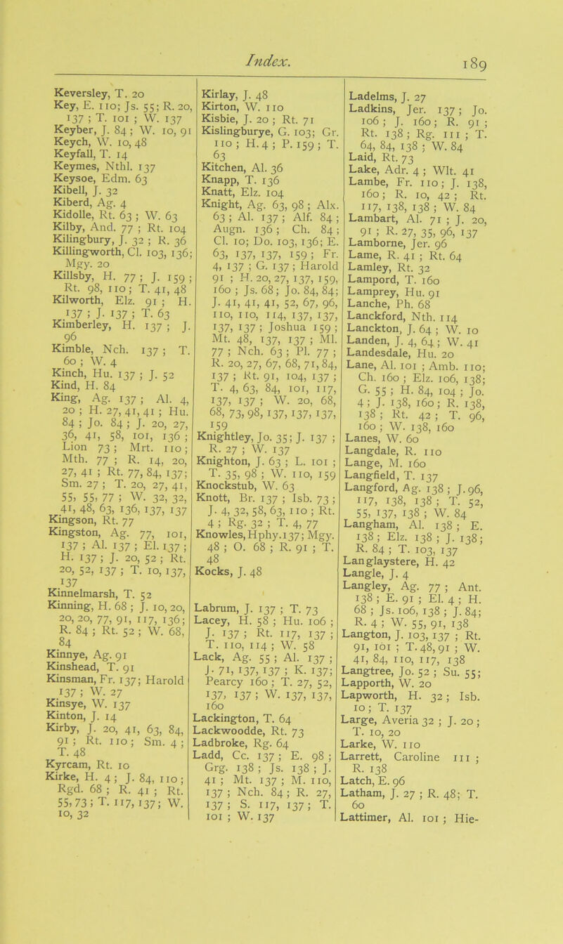 Keversley, T. 20 Key, E. no; Js. 55; R. 20, 137 ; T. loi ; W. 137 Keyber, J. 84 ; W. 10, 91 Keych, W. lo, 48 Keyfall, T. 14 Keymes, Nthl. 137 Keysoe, Edm. 63 Kibell, J. 32 Kiberd, Ag. 4 Kidolle, Rt. 63 ; W. 63 Kilby, And. 77 ; Rt. 104 Kilingbury, J. 32 ; R. 36 Killingworth, Cl. 103, 136; Mgy. 20 Killsby, H. 77; J. 159; Rt. 98, no ; T. 41, 48 Kilworth, Elz. 91 ; H. .137 ; J. 137 ; T. 63 Kimberley, H. 137 ; J. 96 Kimble, Nch. 137 ; T. 60 ; W. 4 Kinch, Hu. 137 ; J. 52 Kind, H. 84 King, Ag. 137 ; Al. 4, 20 ; H. 27,41,41 ; Hu. 84 ; Jo. 84 ; J. 20, 27, 36, 41, 58, loi, 136 ; Lion 73; Mrt. no; Mth. 77 ; R. 14, 20, 27, 41 ; Rt. 77,84, 137; Sm. 27 ; T. 20, 27, 41, 55, 55, 77 ; W. 32, 32, 41, 48, 63, 136, 137, 137 Kmgson, Rt. 77 Kingston, Ag. 77, loi, 137; Al. 137; El. 137; H. 137 ; J. 20, 52 ; Rt. 20,52, 137; T. 10,137, .137 Kinnelmarsh, T. 52 Kinning, H. 68 ; J. 10, 20, 20,20, 77, 91, 117, 136; R. 84 ; Rt. 52 ; VV. 68, 84 Kinnye, Ag. 91 Kinshead, T. 91 Kinsman, Fr. 137; Harold 137; W. 27 Kinsye, W. 137 Kinton, J. 14 Kirby, J. 20, 41, 63, 84, 91 ; Rt. 110 ; Sm. 4 ; T. 48 Kyrcam, Rt. 10 Kirke, H. 4 ; J. 84, no; Rgd. 68 ; R. 41 ; Rt. 55,73; T. 117, 137; W. 10, 32 Kirlay, J. 48 Kirton, W. no Kisbie, J. 20 ; Rt. 71 Kislingburye, G. 103; Gr. no ; H.4 ; P. 159; T. 63 Kitchen, Al. 36 Knapp, T. 136 Knatt, Elz. 104 Knight, Ag. 63, 98 ; Alx. 63 ; Al. 137 ; Alf. 84 ; Align. 136 ; Ch. 84 ; Cl. 10; Do. 103, 136; E. 63, 137, 137, 159 : Fr. 4, 137 ; G. 137; Harold 91 ; H.20, 27, 137, 159, 160 ; Js. 68; Jo. 84, 84; J. 41, 41, 41, 52, 67, 96, no, no, 114, 137, 137, 137, 137 ; Joshua 159 ; Mt. 48, 137, 137 ; Ml. 77 ; Nch. 63 ; PI. 77 ; R. 20, 27, 67, 68, 71,84, 137 ; Rt. 91, 104, 137 ; T. 4, 63, 84, loi, 117, 137, 137; W. 20, 68, 68, 73,98, 137,137, 137, 159 Kmghtley, Jo. 35; J. 137 ; R.27 ; W. 137 Knighton, J. 63 ; L. loi ; T. 35, 98 ; W. no, 159 Knockstub, W. 63 Knott, Br. 137 ; Isb. 73 ; J. 4, 32,58, 63, no ; Rt. 4 ; Rg. 32 ; T. 4, 77 Knowles, Hphy.i 37; Mgy 48 ; O. 68 ; R. 91 ; T, 48 Kocks, J. 48 Labrum, J. 137 ; T. 73 Lacey, H. 58 ; Hu. 106 ; J. 137 ; Rt. 117, 137 ; T. no, 114 ; W. 58 Lack, Ag. 55 ; Al. 137 ; J- 71, 137, 137 ; K. 137; Pearcy 160; T. 27, 52, 137, 137 ; W. 137, 137, 160 Lackington, T. 64 Lackwoodde, Rt. 73 Ladbroke, Rg. 64 Ladd, Cc. 137 ; E. 98 ; Grg. 138 ; Js. 138 ; J. 41 ; Mt. 137 ; M. 110, 137 ; Nch. 84 ; R. 27, 137; S. 117, 137; T. loi ; W. 137 189 Ladelms, J. 27 Ladkins, Jer. 137; Jo. 106 ; J. 160; R. 91 ; Rt. 138; Rg. in ; T. 64, 84, 138 ; W. 84 Laid, Rt. 73 Lake, Adr. 4 ; Wit. 41 Lambe, Fr. no; J. 138, 160; R. 10, 42 ; Rt. 117, 138, 138 ; W. 84 Lambart, Al. 71 ; J. 20, 91 ; R. 27, 35, 96, 137 Lamborne, Jer. 96 Lame, R. 41 ; Rt. 64 Lamley, Rt. 32 Lampord, T. 160 Lamprey, Hu. 91 Lanche, Ph. 68 Lanckford, Nth. 114 Lanckton, J. 64 ; W. 10 Landen, J. 4, 64 ; W. 41 Landesdale, Hu. 20 Lane, Al. loi ; Amb. no; Ch. 160 ; Elz. 106, 138; G. 55 ; H. 84, 104 ; Jo. 4; J- 138, 160; R. 138, 138; Rt. 42; T. 96, 160 ; W. 138, 160 Lanes, W. 60 Langdale, R. no Lange, M. 160 Langfield, T. 137 Langford, Ag. 138 ; J.96, 117, 138, 138; T. 52, 55, 137, 138 ; W. 84 Langham, Al. 138 ; E. 138 ; Elz. 138 ; J. 138; R. 84 ; T. 103, 137 Langlaystere, H. 42 Langle, J. 4 Langley, Ag. 77 ; Ant. 138 ; E. 91 ; El. 4 ; H. 68 ; Js. 106, 138 ; J. 84; R. 4 ; W. 55, 91, 138 Langton, J. 103, 137 ; Rt. 91, loi ; T.48,91 ; W. 41, 84, no, 117, 138 Langtree, Jo. 52 ; Su. 55; Lapporth, W. 20 Lapworth, H. 32; Isb. 10; T. 137 Large, Averia 32 ; J. 20 ; T. 10, 20 Larke, W. no Larrett, Caroline in ; R. 138 Latch, E. 96 Latham, J. 27 ; R. 48; T. 60 Lattimer, Al. loi ; Hie-