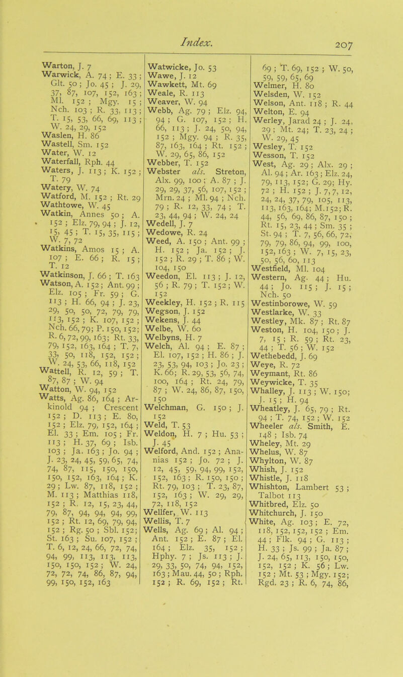 Warton, J. 7 Warwick, A. 74 : E. ; Git. so; Jo. 45; J. 29, 37, 87, 107, 152, 163; Ml. 152 ; 15 ; Nch. 103 ; R. 33, 113; T. IS, S3, 66, 69, 113 ; W. 24, 29, 152 Waslen, H. 86 Wastell, Sm. 152 Water, W. 12 Waterfall, Rph. 44 Waters, J. 113 ; K. 152 ; T. 79 Watery, W. 74 Watford, M. 152 ; Rt. 2C Wathtowe, W. 45 Watkin, Annes 50; A. IS2 ; Elz. 79,94; J. 12, 15, 4S ; T. IS, 35, 115 ; W. 7, 72 Watkins, Amos 15 ; A. 107; E. 66; R. IS; T. 12 Watkinson, J. 66 ; T. 163 Watson A. 132; Ant. 99 ; Elz. los ; Fr. S9 ; g! 113 ; H. 66, 94 ; J. 23, 29, SO, SO, 72, 79, 79, 113, IS2 ; K. 107, IS2 ; Nch. 66,79; P. ISO, IS2; K. 6, 72,99,163; Rt. 33, 79, IS2, 163, 164 ; T. 7, 33, so, 118, IS2, 132; ..y- 24, S3, 66, 118, 132 Wattell, R. 12, 39 ; T. „ 87, 87 ; W. 9; Watton, W. 94, 132 Watts, Ag. 86, 164 ; Ar- kinold 94 ; Crescent IS2 ; D. 113 ; E. 80, 132 ; Elz. 79, 132, 164 ; El. 33 ; Em. 103 ; Fr. 113 ; H. 37, 69 ; Isb. 103 ; Ja. 163 ; Jo. 94 ; J. 23, 24, 43, 39, 63, 74, 74, 87, 113, 130, 130, ISO, 132, 163, 164; K. 29 ; Lw. 87, 118, 132 ; M. 113; Matthias 118, 132 ; R, 12, IS, 23, 44, 79, 87, 94, 94, 94, 99, 132 ; Rt. 12, 69, 79, 94, 132 ; Rg. SO ; Sbl. 132; St. 163 ; Su. 107, 132 ; T. 6, 12, 24, 66, 72, 74, 94, 99, 113, 113, 113, 130, 130, 132; W. 24, 72, 72, 74, 86, 87, 94, 99, ISO, IS2, 163 Watwicke, Jo. S3 Wawe, J. 12 Wawkett, Mt. 69 Weale, R. 113 Weaver, W. 94 Webb, Ag. 79 ; Elz. 94, 94; G. 107, 132; H. 66, 113; J. 24, 30, 94, 132 ; Mgy. 94 ; R. 33, 87, 163, 164 ; Rt. 132 ; W. 29, 63, 86, 132 Webber, T. 132 Webster als. Streton, Alx. 99, 100; A. 87 ; J. 29, 29, 37, S6, 107, 132 ; Mrn. 24 ; Ml. 94 ; Nch. 79 ; R- 12, 33, 74 ; T. 23, 44, 94 ; W. 24, 24 Wedell, J. 7 Wedowe, R. 24 Weed, A. 130 ; Ant. 99 ; H. 132; Ja. 132; J. 132 ; R. 29 ; T. 86 ; W. 104, 130 Weedon, El. 113; J. 12, 36 ; R. 79; T. 132; W. 132 Weekley, H. 132 ; R. 113 Wegson, J. 132 Wekens, J. 44 Welbe, W. 60 Welbyns, H. 7 Welch, Al. 94 ; E. 87 ; El. 107, 132 ; H. 86 ; J. 23, S3, 94, 103 ; Jo. 23 ; K. 66; R. 29, S3, 36, 74, 100, 164 ; Rt. 24, 79, 87 ; W. 24, 86, 87, 130, 130 Welchman, G. 130; J. 152 Weld, T. S3 Weldon, H. 7 ; Hu. 33 ; J. 45' Welford, And. 132 ; Ana- nias 132 ; Jo. 72 ; J. 12, 4S, 59, 94, 99, 152, 152, 163; R. ISO, 130; Rt. 79, 103 ; T. 23, 87, 132, 163; W. 29, 29, 72, 118, 132 Wellfer, W. 113 Wellis, T. 7 Wells, Ag. 69; Al. 94 ; Ant. 132 ; E. 87 ; El. 164 ; Elz. 33, 132 ; Hphy. 7 ; Js. 113 ; J. 29, 33, SO, 74, 94, IS2, 163 ; Mau. 44, so; Rph. 132; R. 69, 132; Rt. 69 ; r. 69, 132 ; W. 30, 59, 59, 6S, 69 Welmer, H. 80 Welsden, W. 132 Welson, Ant. 118 ; R. 44 Welton, E. 94 Werley, Jarad 24 ; J. 24, 29 ; Mt. 24; T. 23, 24 ; W. 29, 43 Wesley, T. 132 Wesson, T. 132 West, Ag. 29 ; Alx. 29 ; Al. 94; Ar. 163; Elz. 24, 79, 113, 152; G. 29; Hy. 72 ; H. 132 ; J. 7,7, 12, 24, 24, 37, 79, 103, 113, 113, 163, 164; M.i32;R. 44, 56, 69, 86, 87, 130 ; Rt. IS, 23, 44; Sm. 33 ; St. 94 ; T. 7, 36, 66, 72, 79, 79, 86, 94, 99, 100, 152, 163 ; W. 7, 13, 23, SO, 36, 60, 113 Westfield, Ml. 104 Western, Ag. 44; Hu. 44; Jo. 113 ; J. IS ; Nch. 30 Westinborowe, W. 39 Westlarke, W. 33 Westley, Mk. 87 ; Rt. 87 Weston, H. 104, 130; J. 7, IS; R. 59; Rt. 23, 44 ; T. 36 ; W. 132 Wethebedd, J. 69 Weye, R. 72 Weymant, Rt. 86 Weywicke, T. 33 Whalley, J. 113 ; W. 130; J. 13 ; H. 94 Wheatley, J. 63, 79 ; Rt. 94 ; T. 74, 132 ; W. 132 Wheeler a/s. Smith, E. 148 ; Isb. 74 Wheley, Mt. 29 Whelus, W. 87 Whylton, W. 87 Whish, J. 132 Whistle, J. 118 Whishton, Lambert 33 ; Talbot 113 Whitbred, Elz. 30 Whitchurch, J. 130 White, Ag. 103; E. 72, 118, 132, 132, 132 ; Em. 44 ; Elk. 94 ; G. 113 ; H. 33 ; Js. 99 ; Ja. 87 ; J. 24, 63, 113, ISO, ISO, 132, 132 ; K. 36 ; Lw. 132; Mt. S3; Mgy. 132; Rgd. 23 ; R. 6, 74, 86,