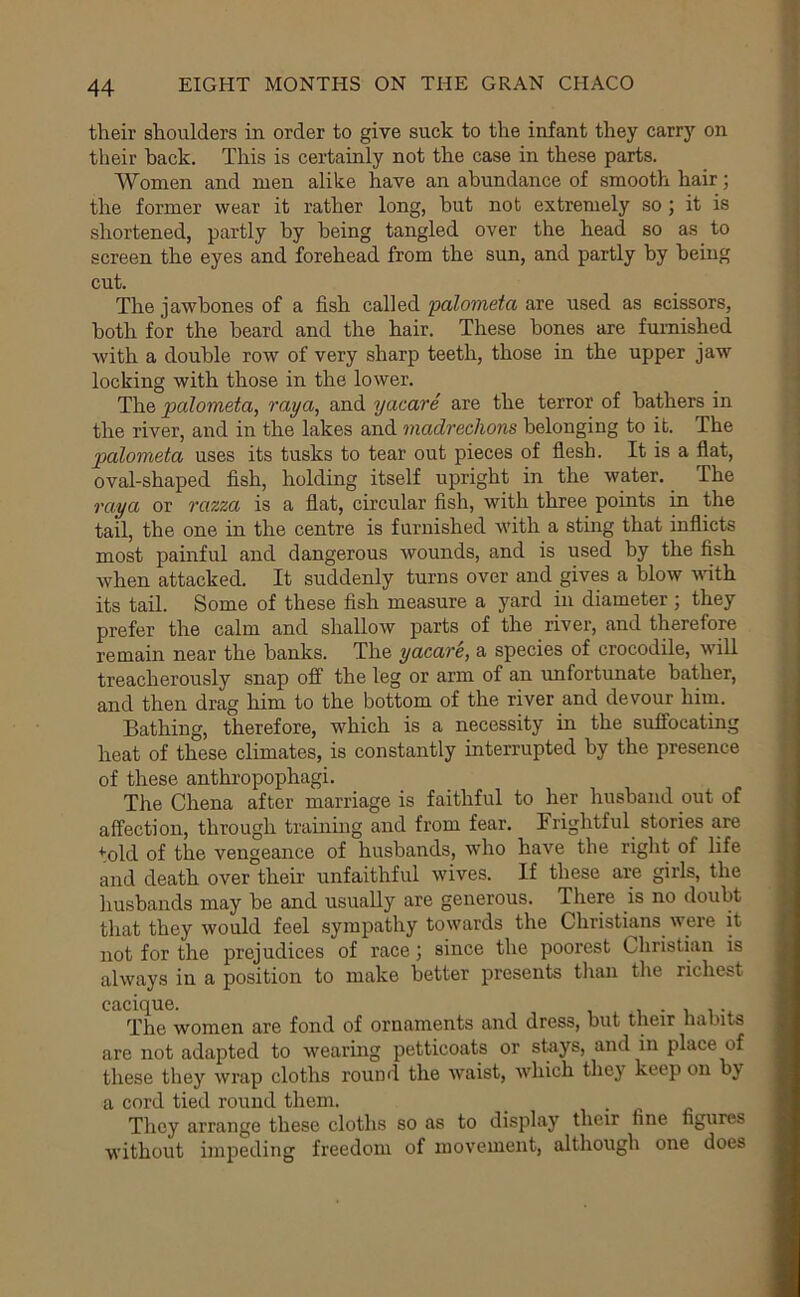 tlieir shoulders in order to give suck to the infant they carry on their hack. This is certainly not the case in these parts. Women and men alike have an abundance of smooth hair; the former wear it rather long, hut not extremely so ; it is shortened, partly by being tangled over the head so as to screen the eyes and forehead from the sun, and partly by being cut. The jawbones of a fish called palometa are used as scissors, both for the beard and the hair. These bones are furnished with a double row of very sharp teeth, those in the upper jaw locking with those in the lower. The palometa, ray a, and yacare are the terror of bathers in the river, and in the lakes and madrechons belonging to it. The palometa uses its tusks to tear out pieces of flesh. It is a flat, oval-shaped flsh, holding itself upright in the water. The raya or razza is a flat, circular flsh, with three points in the tail, the one in the centre is furnished with a stmg that inflicts most painful and dangerous wounds, and is used by the fish when attacked. It suddenly turns over and gives a blow mth its tail. Some of these fish measure a yard in diameter ; they prefer the calm and shallow parts of the river, and therefore remain near the hanks. The yacare, a species of crocodile, will treacherously snap off the leg or arm of an unfortunate bather, and then drag him to the bottom of the river and devour him. Bathing, therefore, which is a necessity in the sufibcating heat of these climates, is constantly interrupted by the presence of these anthropophagi. The Chena after marriage is faithful to her husband out of affection, through trainmg and from fear. Frightful stories are told of the vengeance of husbands, who have the right of life and death over their unfaithful wives. If these are girls, the husbands may be and usually are generous. There is no doubt that they would feel sympathy towards the Christians^ were it not for the prejudices of race; since the poorest Christian is always in a position to make better presents than the richest cacique. . The women are fond of ornaments and dress, but their habits are not adapted to wearing petticoats or stays, and in place of these they wrap cloths round the waist, which they keep on by a cord tied round them. _ • - c They arrange these cloths so as to display their fine figures without impeding freedom of movement, although one does