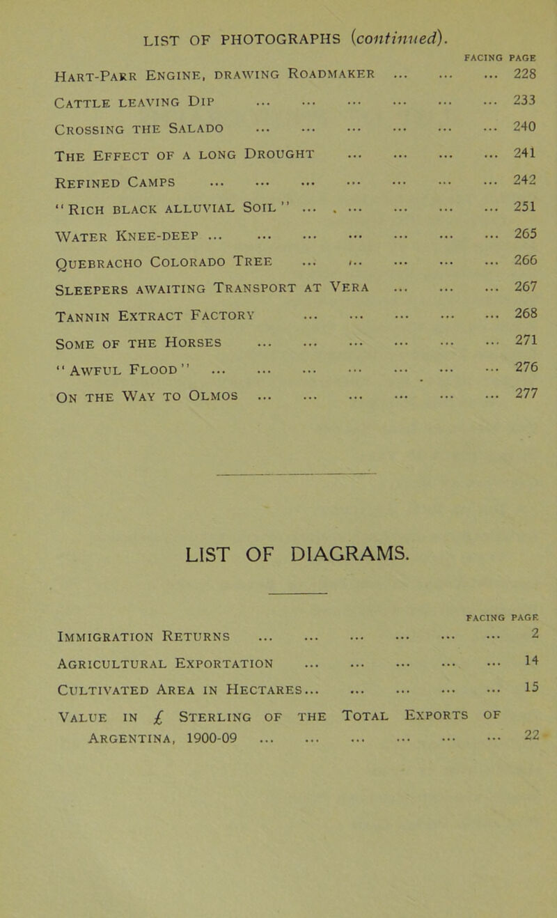 LIST OF PHOTOGRAPHS {continued). Hart-Parr Engine, drawing Roadmaker Cattle leaving Dip Crossing the Salado The Effect of a long Drought Refined Camps “Rich black alluvial Soil” ... . ... Water Knee-deep Quebracho Colorado Tree ... i.. Sleepers awaiting Transport at Vera Tannin Extract Factory Some of the Horses “ Awful Flood’’ On the Way to Olmos FACING PAGE ... 228 ... 233 ... 240 ... 241 ... 242 ... 251 ... 265 ... 266 ... 267 ... 268 ... 271 ... 276 ... 277 LIST OF DIAGRAMS. FACING PAGK Immigration Returns 2 Agricultural Exportation 14 Cultivated Area in Hectares 15 Value in £ Sterling of the Total Exports of Argentina, 1900-09 22