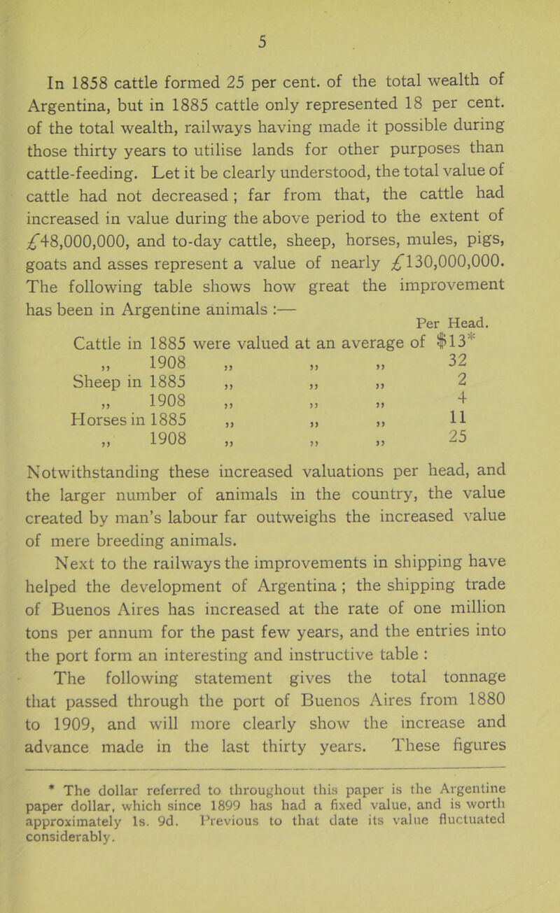 In 1858 cattle formed 25 per cent, of the total wealth of Argentina, but in 1885 cattle only represented 18 per cent, of the total wealth, railways having made it possible during those thirty years to utilise lands for other purposes than cattle-feeding. Let it be clearly understood, the total value of cattle had not decreased ; far from that, the cattle had increased in value during the above period to the extent of ^48,000,000, and to-day cattle, sheep, horses, mules, pigs, goats and asses represent a value of nearly ;^130,000,000. The following table shows how great the improvement has been in Argentine animals :— Per Head. Cattle in 1885 were valued at an average of flS*' „ 1908 „ „ „ 32 Sheep in 1885 „ „ „ 2 „ 1908 „ „ „ 4 Horsesinl885 „ „ „ 11 1908 „ „ „ 25 Notwithstanding these increased valuations per head, and the larger number of animals in the country, the value created by man’s labour far outweighs the increased value of mere breeding animals. Next to the railways the improvements in shipping have helped the development of Argentina; the shipping trade of Buenos Aires has increased at the rate of one million tons per annum for the past few years, and the entries into the port form an interesting and instructive table : The following statement gives the total tonnage that passed through the port of Buenos Aires from 1880 to 1909, and will more clearly show the increase and advance made in the last thirty years. These figures * The dollar referred to throughout this paper is the Argentine paper dollar, which since 1899 has had a fixed value, and is worth approximately Is. 9d. Previous to that date its value fluctuated considerably.