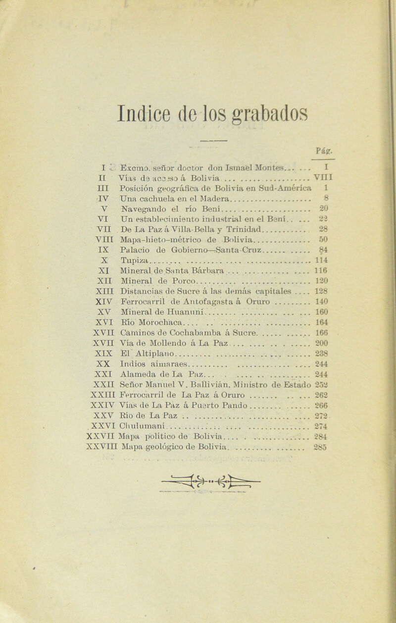 Indice de los grabados Pág. I I Exorno, señor doctor don Ismael Montes I II Vías de acó eso á Bolivia VIII III Posición geográfica de Bolivia en Sud-América 1 IV Una cachuela en el Madera 8 V Navegando el río Beni 20 VI Un establecimiento industrial en el Beni 22 VII De La Paz á Villa-Bella y Trinidad 28 VIII Mapa-hieto-métrico de Bolivia 50 IX Palacio de Gobierno-^Santa-Cruz 84 X Tupiza 114 XI Mineral de Santa Bárbara .. 116 XII Mineral de Poico 120 XUT Distancias de Sucre á las demás capitales .... 128 XIV Ferrocarril de Antofagasta á Oruro 140 XV Mineral de Huanuní. 160 XVI Río Mórochaca 164 XVII Caminos de Cochabamba á Sucre 166 XVII Vía de Moliendo á La Paz 200 XIX El Altiplano 238 XX Indios aimaraes ,.. 244 XXI Alameda de La Paz 244 XXII Señor Manuel V. Ballivián, Ministro de Estado 253 XXIII Ferrocarril de La Paz á Oruro 262 XXIV Vías de La Paz á Puerto Pando 266 XXV Río de La Paz 272 . XXVI Chulumani . 274 XXVII Mapa político de Bolivia 284 XXVIU Mapa geológico de Bolivia 285 <