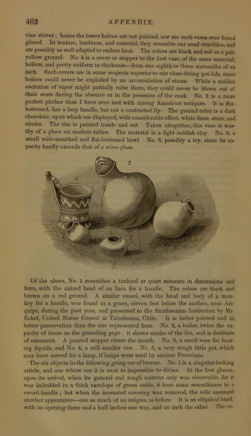vian stoves ; hence the lower halves are not painted, nor are such vases ever found glazed. In texture, hardness, and material, they resemble our sand crucibles, and are possibly as well adapted to endure heat. The colors are black and red on a pale yellow ground. No. 4 is a cover or stopper to the first vase, of the same material, hollow, and pretty uniform in thickness—from one eighth to three sixteenths of an inch. Such covers are in some respects superior to our close-fitting pot-lids, since boilers could never be exploded by an accumulation of steam. While a sudden evolution of vapor might partially raise them, they could never be blown out of their seats during the absence or in the presence of the cook. No. 2 is a more perfect pitcher than I have ever met with among American antiques. It is flat- bottomed, has a loop handle, but not a contracted lip. The ground color is a dark chocolate, upon which are displayed, with considerable effect, white lines, stars, and circles. The rim is painted inside and out. Taken altogether, this vase is wor- thy of a place on modem tables. The material is a light reddish clay. No. 5, a small wide-mouthed and flat-bottomed bowl. No. 6, possibly a toy, since its ca- pacity hardly exceeds that of a wine-glass. Of the above. No. 1 resembles a tankard or quart measure in dimensions and form, with the mitred head of an Inca for a handle. The colors are black and brown on a red ground. A similar vessel, with the head and body of a mon- key for a handle, was found in a grave, eleven feet below the surface, near Ari- quipe, during the past year, and presented to the Smithsonian Institution by Mr. Eckel, United States Consul at Talcahuana, Chile. It is better painted and in better preservation than the one represented here. No. 2, a boiler, twice the ca- pacity of those on the preceding page ; it shows marks of the fire, and is destitute of ornament. A painted stopper closes the mouth. No. 3, a small vase for heat- ing liquids, and No. 4, a still smaller one. No. 5, a very rough little pot, which may have served for a lamp, if lamps were used by ancient Peruvians. The six objects in the following group are of bronze. No. 1 is a singular-looking article, and one whoso use it is next to impossible to divine. At the first glance, upon its arrival, when its general and rough contour only was observable, for it was imbedded in a thick envelope of green oxide, it bore some resemblance to .a sword-handle ; but when the incrusted covering was removed, the relic assumed another appearance—one as much of an enigma as before. It is an elliptical band, with an opening three and a half inches one way, and an inch the other. The or-