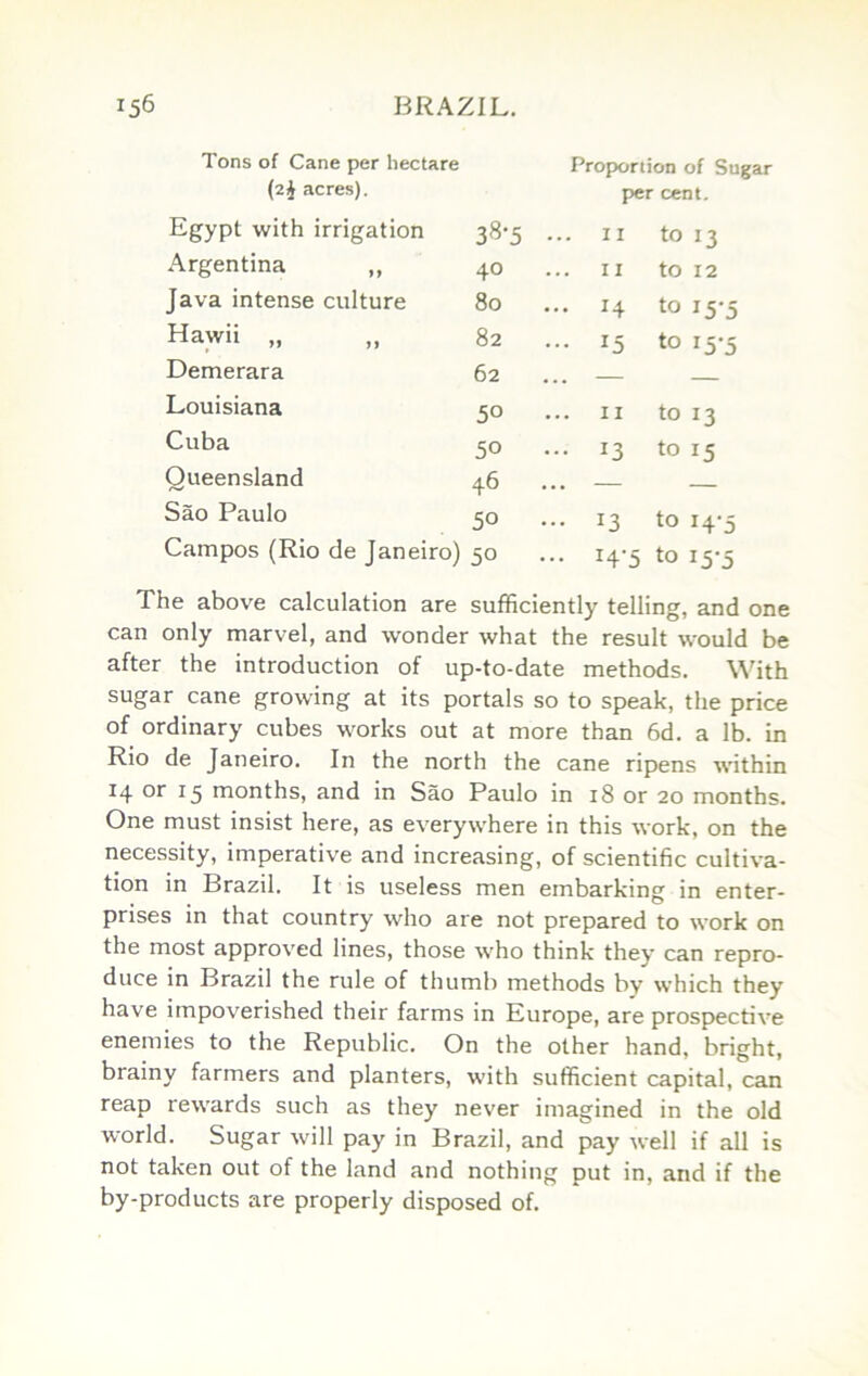 Tons of Cane per hectare Proporti on of Suga (2J acres). p>er cent. Egypt with irrigation 38-5 II to 13 Argentina „ 40 II to 12 Java intense culture 80 ... 14 to 15-5 Hawii „ 82 ... 15 to 15-5 Demerara 62 , , , Louisiana 50 ... II to 13 Cuba 50 ... 13 to 15 Queensland 46 • • • Sao Paulo 50 ... 13 to 14-5 Campos (Rio de Janeiro) 50 ... 14-5 to 15-5 The above calculation are sufficiently telling, and one can only marvel, and wonder what the result would be after the introduction of up-to-date methods. With sugar cane growing at its portals so to speak, the price of ordinary cubes works out at more than 6d. a lb. in Rio de Janeiro. In the north the cane ripens within 14 or 15 months, and in Sao Paulo in 18 or 20 months. One must insist here, as everywhere in this work, on the necessity, imperative and increasing, of scientific cultiva- tion in Brazil. It is useless men embarking in enter- prises in that country who are not prepared to work on the most approved lines, those who think they can repro- duce in Brazil the rule of thumb methods by which they have impoverished their farms in Kurope, are prospective enemies to the Republic. On the other hand, bright, brainy farmers and planters, with sufficient capital, can reap rewards such as they never imagined in the old world. Sugar will pay in Brazil, and pay well if all is not taken out of the land and nothing put in, and if the by-products are properly disposed of.