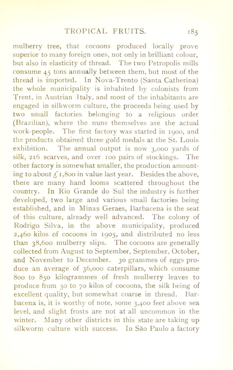 mulberry tree, that cocoons produced locally prove superior to many foreign ones, not only in brilliant colour, but also in elasticity of thread. The two PetropoHs mills consume 45 tons annually between them, but most of the thread is imported. In Nova-Trento (Santa Catherina) the whole municipality is inhabited by colonists from Trent, in Austrian Italy, and most of the inhabitants are engaged in silkworm culture, the proceeds being used by two small factories belonging to a religious order (Brazilian), where the nuns themselves are the actual work-people. The first factory was started in igoo, and the products obtained three gold medals at the St. Louis exhibition. The annual output is now 3,000 yards of silk, 216 scarves, and over 100 pairs of stockings. The other factory is somewhat smaller, the production amount- ing to about /i,8oo in value last year. Besides the above, there are many hand looms scattered throughout the country. In Rio Grande do Sul the industry is further developed, two large and various small factories being established, and in Minas Geraes, Barbacena is the seat of this culture, already well advanced. The colony of Rodrigo Silva, in the above municipality, produced 2,460 kilos of cocoons in 1905, and distributed no less than 38,600 mulberry slips. The cocoons are generally collected from August to September, September, October, and November to December. 30 grammes of eggs pro- duce an average of 36,000 caterpillars, which consume 800 to 850 kilogrammes of fresh mulberry leaves to produce from 50 to 70 kilos of cocoons, the silk being of excellent quality, but somewhat coarse in thread. Bar- bacena is, it is worthy of note, some 3,400 feet above sea level, and slight frosts are not at all uncommon in the winter. Many other districts in this state are taking up silkworm culture with success. In Sao Paulo a factory