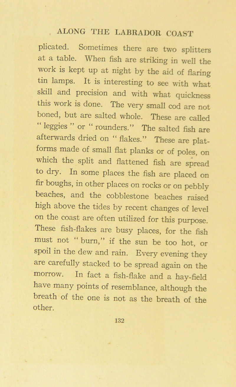 plicated. Sometimes there are two splitters at a table. When fish are striking in well the work is kept up at night by the aid of flaring tin lamps. It is interesting to see with what skill and precision and with what quickness this work is done. The very small cod are not boned, but are salted whole. These are called “ leggies ” or “ rounders.” The salted fish are afterwards dried on ” flakes.” These are plat- forms made of small flat planks or of poles, on which the split and flattened fish are spread to dry. In some places the fish are placed on fir boughs, in other places on rocks or on pebbly beaches, and the cobblestone beaches raised high above the tides by recent changes of level on the coast are often utilized for this purpose. These fish-flakes are busy places, for the fish must not ” burn,” if the sim be too hot, or spoil in the dew and rain. Every evening they are carefully stacked to be spread again on the morrow. In fact a fish-flake and a hay-field have many points of resemblance, although the breath of the one is not as the breath of the other.