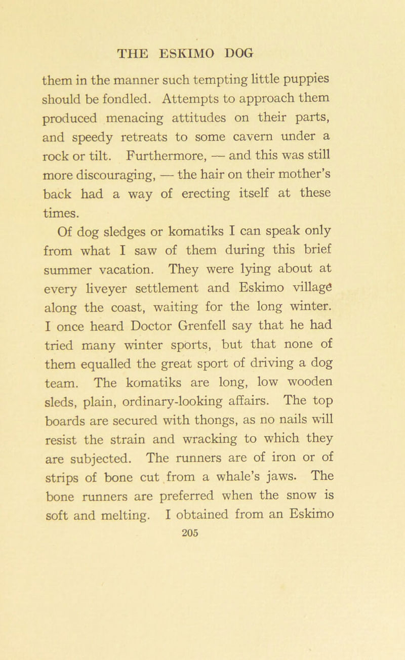 them in the manner such tempting little puppies should be fondled. Attempts to approach them produced menacing attitudes on their parts, and speedy retreats to some cavern imder a rock or tilt. Furthermore, — and this was still more discouraging, — the hair on their mother’s back had a way of erecting itself at these times. Of dog sledges or komatiks I can speak only from what I saw of them during this brief summer vacation. They were lying about at every liveyer settlement and Eskimo village along the coast, waiting for the long winter. I once heard Doctor Grenfell say that he had tried many winter sports, but that none of them equalled the great sport of driving a dog team. The komatiks are long, low wooden sleds, plain, ordinary-looking affairs. The top boards are secured with thongs, as no nails will resist the strain and wracking to which they are subjected. The runners are of iron or of strips of bone cut from a whale’s jaws. The bone runners are preferred when the snow is soft and melting. I obtained from an Eskimo