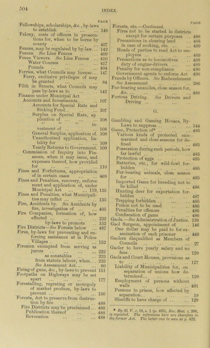 INDEX. Fellowships, scholarships, &c., by-laws to establish 148 Felony, costs of officers in prosecu- tions for, when to be borne by county ... 457 Fences, may be regulated by by-law... 142 Fences. See Line Fences .. .. 409 Fence Viewers. See Line Fences ... 410 Water Courses 417 Pounds 404 Ferries, what Councils may license.... 147 Ferry, exclusive privileges of may be granted 84 Filth in Streets, what Councils may pass by-laws as to ... .. 142 Finance under Municipal Act Accounts and Investments ..107 Accounts for Special Rate and Sinking Fund 107 Surplus on Special Rate, ap plication of ... 108 “ “ “ in- vestment of .. .. ... 108 General Surplus, application of. 108 Unauthorised application, lia- bility for 109 Yearly Returns to Government. 109 Commission of Inquiry into Fin- ances, when it may issue, and expenses thereof, how provided for HO Fines and Forfeitures, appropriation of in certain cases 469 Fines and Penalties, recovery, enforce ment and application of, under Municipal Act 119, 135 Fines and Penalties, what Municipali- ties may inflict ..135 Fire, Accidents by. See Accidents by fire, investigation of 405 Fire Companies, formation of, how effected 232 by-laws to promote .. 152 Fire Districts—See Forests below ... 487 Fires, by-laws for preventing and en- forcing assistance at in Police . Villages . 152 Firemen exempted from serving as jurors 232 as constables ... ... 233 from statute labour, when... 233 See Assessment Act.... ... 60 I Firing of guns, &c., by-laws to prevent 151 I Footpaths on Highways may be set apart ... ... ... . # 177 J Forestalling, regrating or monopoly of market produce, by-laws to provent 150 Forests, Act to preserve from destruc- tion by fire ... .. .. 488 > Fire Districts maybe proclaimed ... 488 j Publication thereof 488 Revocation ... .. ... 488 I PAGE Forests, etc.—Continued. Fires not to be started in districts except for certain purposes .. 488 Precautions in clearing land ... 488 in case of cooking, etc 489 Heads of parties to read Act to em- ployees 489 Precautions as to locomotives .. 489 duty of engine-drivers 489 Penalty for non-compliance ... 490 Government agents to enforce Act 490 Frauds by Officers. See Embezzlement See Assessment ... .. ... 286 Fur-bearing anamiles, close season for, &c. ... 486 Furious Driving. See Drivers and Driving .. G. Gambling and Gaming Houses. By- Laws to suppress .. .. ... 144 Game. Protection of* 485 Various kinds of protected enu- merated and close seasons for de- fined .. 485 Possession during such periods, how far lawful .. .. .. ' .. 485 Protection of eggs .. .. .. 485 Batteries, etc., for wild-fowl for- bidden .. .. .. .. 485 Fur-bearing animals, close season for 485 Imported Game for breeding not to be killed .. .. .. .. 486 Hunting deer for exportation for- bidden Trapping forbidden Poison not to be used Penalties for offences Confiscation of game Gaols. —See Administration of Justice. Gaol Surgeon, appointment of One dollar may be paid to for ex- amination of each prisoner Gaolers disqualified as Members of Councils 487 485 486 486 486 126 146 .. 448 27 Gaoler to have yearly salary and no fees.. .. .. .. .. 129 Gaols and Court Houses, provisions as to 127 Liability of Municipalities for, on separation of unions how de- termined... .. .. .. 129 Employment of persons without walls ... .. .. .. 491 Persons in prison, how affected by separation.. .. .. .. 19 Sheriffs to have charge of ... ... 129 * By 41 V. c. 18, s. 1 (/>. 485), Ber. Slat. c. 200, is repealed. The reference* here air therefore to the former Act. The latter can be seen at p. 422.