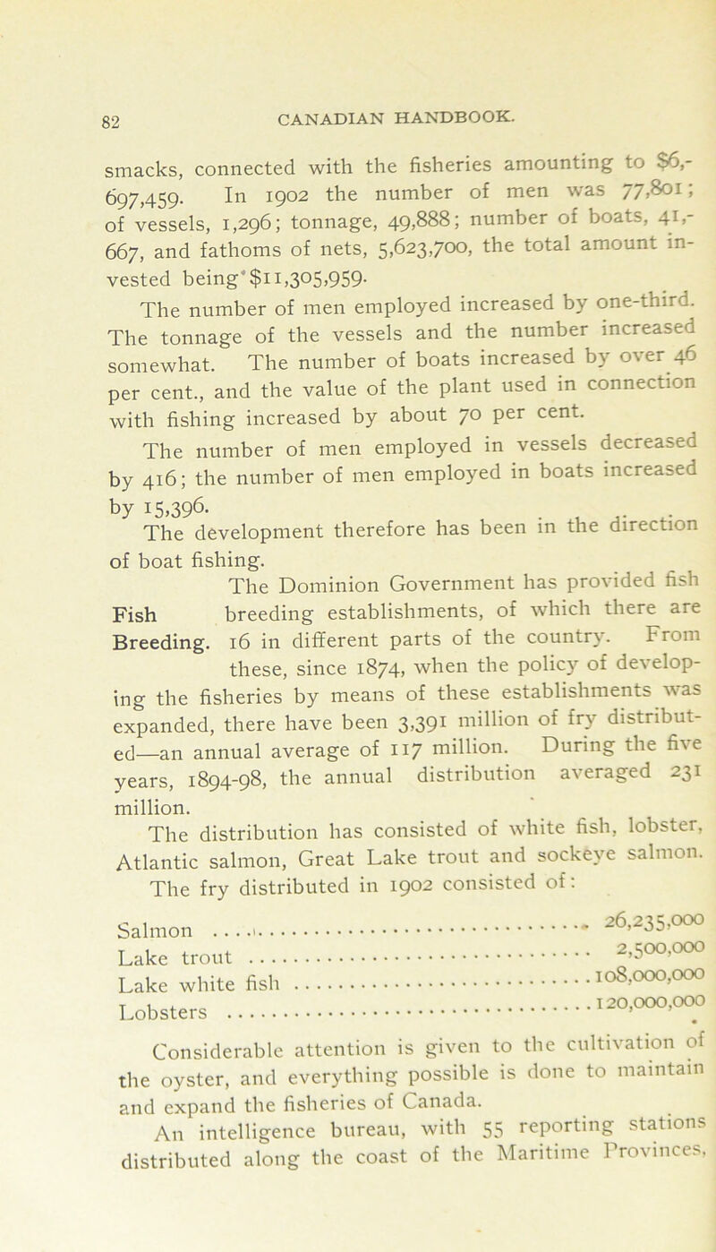 smacks, connected with the fisheries amounting to $6,- 697,459. In 1902 the number of men was 77.801; of vessels, 1,296; tonnage, 49,888; number of boats, 41,- 667, and fathoms of nets, 5.623,700, the total amount in- vested being*$ii,305,959. The number of men employed increased by one-third. The tonnage of the vessels and the number increased somewhat. The number of boats increased by over 46 per cent., and the value of the plant used in connection with fishing increased by about 70 per cent. The number of men employed in vessels decreased by 416; the number of men employed in boats increased by 15.396. . ^ . The development therefore has been in the direction of boat fishing. The Dominion Government has provided fish Fish breeding establishments, of which there are Breeding. 16 in different parts of the country. From these, since 1874, when the policy of develop- ing the fisheries by means of these establishments was expanded, there have been 3,391 million of fry distribut- ed—an annual average of 117 million. During the five years, 1894-98, the annual distribution averaged 231 million. The distribution has consisted of white fish, lobster, Atlantic salmon. Great Lake trout and sockeye salmon. The fry distributed in 1902 consisted of: Salmon ....>.. Lake trout .. . Lake white fish Lobsters 26,235,000 2,500,000 108.000. 000 120.000. 000 Considerable attention is given to the cultivation of the oyster, and everything possible is done to maintain and expand the fisheries of Canada. An intelligence bureau, with 55 reporting stations distributed along the coast of the Maritime Provinces.