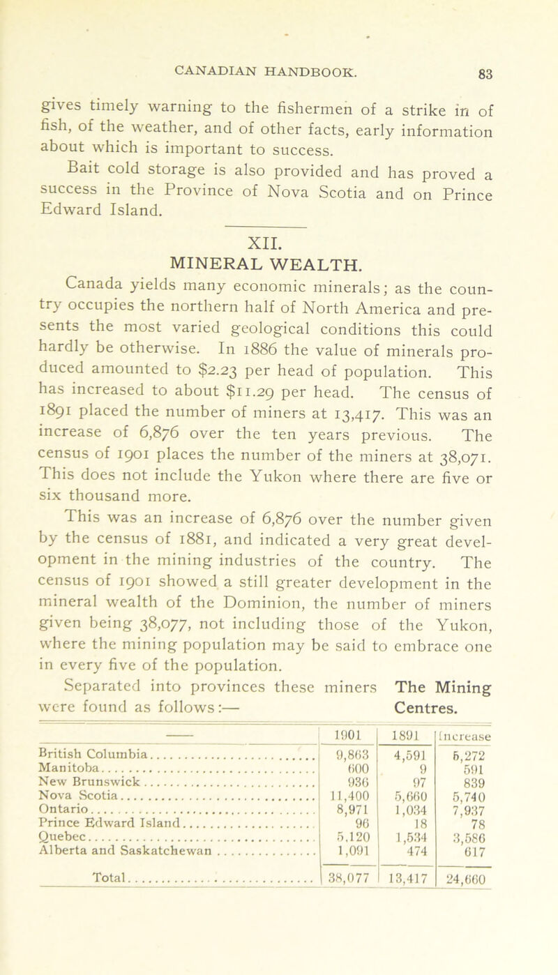 gives timely warning to the fishermen of a strike in of fish, of the weather, and of other facts, early information about which is important to success. Bait cold storage is also provided and has proved a success in the Province of Nova Scotia and on Prince Edward Island. XII. MINERAL WEALTH. Canada yields many economic minerals; as the coun- try occupies the northern half of North America and pre- sents the most varied geological conditions this could hardly be otherwise. In 1886 the value of minerals pro- duced amounted to $2.23 per head of population. This has increased to about $11.29 head. The census of 1891 placed the number of miners at 13,417. This was an increase of 6,876 over the ten years previous. The census of 1901 places the number of the miners at 38,071. This does not include the Yukon where there are five or six thousand more. This was an increase of 6,876 over the number given by the census of 1881, and indicated a very great devel- opment in the mining industries of the country. The census of 1901 showed a still greater development in the mineral wealth of the Dominion, the number of miners given being 38,077, not including those of the Yukon, where the mining population may be said to embrace one in every five of the population. Separated into provinces these were found as follows:— miners The Mining Centres. 1901 1891 Increase British Columbia Manitoba 9,8(13 (iOO 4,591 9 97 6,272 591 839 5,740 7,937 78 3,586 617 New Brunswick 93G Nova Scotia 11,400 8,971 96 r),120 5,660 1,034 18 1,534 474 Ontario Prince Edward Island Quebec Alberta and Saskatchewan 1,091