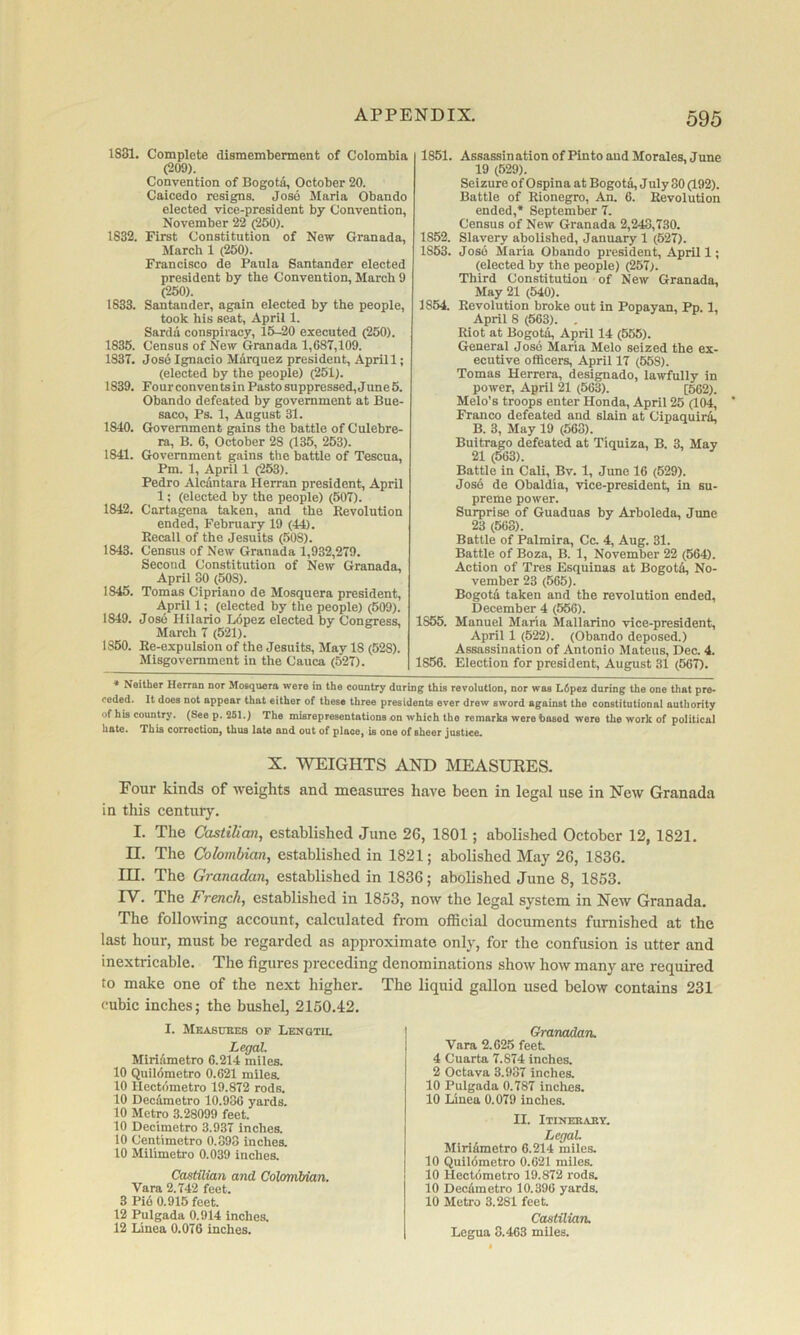 1831. Complete dismembennent of Colombia (209). Convention of Bogota, October 20. Caicedo resigns. Jose Maria Obando elected vice-president by Convention, November 22 (250). 1832. First Constitution of New Granada, March 1 (250). Francisco de Panla Santander elected president by the Convention, March 9 (260). 1833. Santander, again elected by the people, took his seat, April 1. Sardii conspiracy, 15-20 executed (250). 1836. (Jensus of New Granada 1,68T,109. 1837. Josd Ignacio Marquez president, April 1; (elected by the people) (251). 1839. Four conventsin Pasto suppressed,June5. Obando defeated by government at Bue- saco, Ps. 1, August 31. 1840. Government gains the battle of Culebre- ra, B. 6, October 28 (135, 253). 1841. Government gains the battle of Tescua, Pm. 1, April 1 (253). Pedro Alcantara Herran president, April 1; (elected by the people) (507). 1842. Cartagena taken, and the Revolution ended, February 19 (44). Recall of the Jesuits (508). 1843. Census of New Granada 1,932,279. Second Constitution of New Granada, April SO (508). 1845. Tomas Cipriano de Mosquera president, April 1; (elected by the people) (509). 1849. Josd Ililario L6pez elected by Congress, March 7 (521). 1850. Re-expulsion of the Jesuits, May 18 (528). Misgovemment in the Cauca (527). 595 1851. Assassination of Pinto and Morales, June 19 (529). Seizure of Ospina at Bogota, July 80 (192). Battle of Rionegro, An. 6. Revolution ended,* September 7. Census of New Granada 2,243,730. 1852. Slavery abolished, January 1 (527). 1863. Jose Maria Obando president, April 1; (elected by the people) (257). Third Constitution of New Granada, May 21 (540). 1854. Revolution broke out in Popayan, Pp. 1, April 8 (563). . Riot at Bogota, April 14 (555). General Jose Maria Melo seized the ex- ecutive officers, April 17 (558). Tomas Herrera, deslgnado, lawfully in power, April 21 (563). [562). Melo’s troops enter Honda, April 25 (104, Franco defeated and slain at CipaquirA B. 3, May 19 (568). Buitrago defeated at Tiquiza, B. 3, May 21 (563). Battle in Cali, Bv. 1, June 16 (529). Jos6 de Obaldia, vice-president, in su- preme power. Surprise of Guaduas by Arboleda, June 23 (568). Battle of Palmira, Cc. 4, Aug. 31. Battle of Boza, B. 1, November 22 (564). Action of Tres Esquinas at BogotA No- vember 23 (565). Bogotd taken and tbe revolution ended, December 4 (556). 1855. Manuel Maria Mallarino vice-president, April 1 (522). (Obando deposed.) Assassination of Antonio Mateus, Dec. 4. 1856. Election for president, August 31 (567). * Neither Herran nor Mosquera were in the country during this revolution, nor was L6pez during the one that pre- ceded. It does not appear that either of these three presidents ever drew sword against the constitutional authority of his country. (See p. 251.) The misrepresentations on which the remarks were hosed were the work of political hate. This correction, thus late and out of place, is one of sheer justice. X. WEIGHTS AND MEASURES. Four kinds of weights and measures have been in legal use in New Granada in this century. I. The Castilian, established June 26, 1801; abolished October 12, 1821. n. The Colombian, established in 1821; abolished May 26, 1836. in. The Granadan, established in 1836; abolished June 8, 1853. IV. The French, established in 1853, now the legal system in New Granada. The following account, calculated from official documents furnished at the last hour, must be regarded as approximate only, for the confusion is utter and inextricable. The figures preceding denominations show how many are required to make one of the next higher. The liquid gallon used below contains 231 cubic inches; the bushel, 2150.42. I. Measubes op Lengtu. LegcCL Miriiimetro 6.214 miles. 10 Quil6raetro 0.621 miles. 10 Hectometre 19.872 rods. 10 Decimetre 10.936 yards. 10 Metre 3.28099 feet. 10 Decimetre 3.937 inches. 10 Centimetre 0.898 inches. 10 Milimetre 0.039 inches. Castilian and ColamMan. Vara 2.742 feet. 3 Pi6 0.915 feet. 12 Pulgada 0.914 inches. 12 Linea 0.076 inches. Granadan. Vara 2.025 feet 4 Cuarta 7.874 inches. 2 Octava 3.987 inches. 10 Pulgada 0.787 inches. 10 Linea 0.079 inches. II. Itinekaey. Legal. Millimetre 6.214 miles. 10 Quilimetre 0.021 miles. 10 Hectometre 19.872 rods. 10 Decimetre 10.396 yards. 10 Metro 3.281 feet Castilian. Legua 8.463 miles.