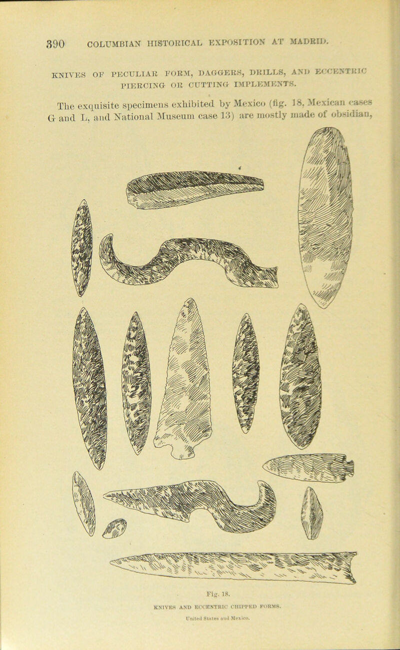 KNIVES OF PECULIAR FORM, DAGGERS, DRILLS, AND ECCENTRIC PIERCING OR CUTTING IMPLEMENTS. The exquisite specimens exhibited by Mexico (fig. IS, Mexican cases G and L, and National Museum case 13) are mostly made of obsidian, Fig. 18. KNIVES AND ECCENTRIC CHIRPED FORMS. United States and Mexico.