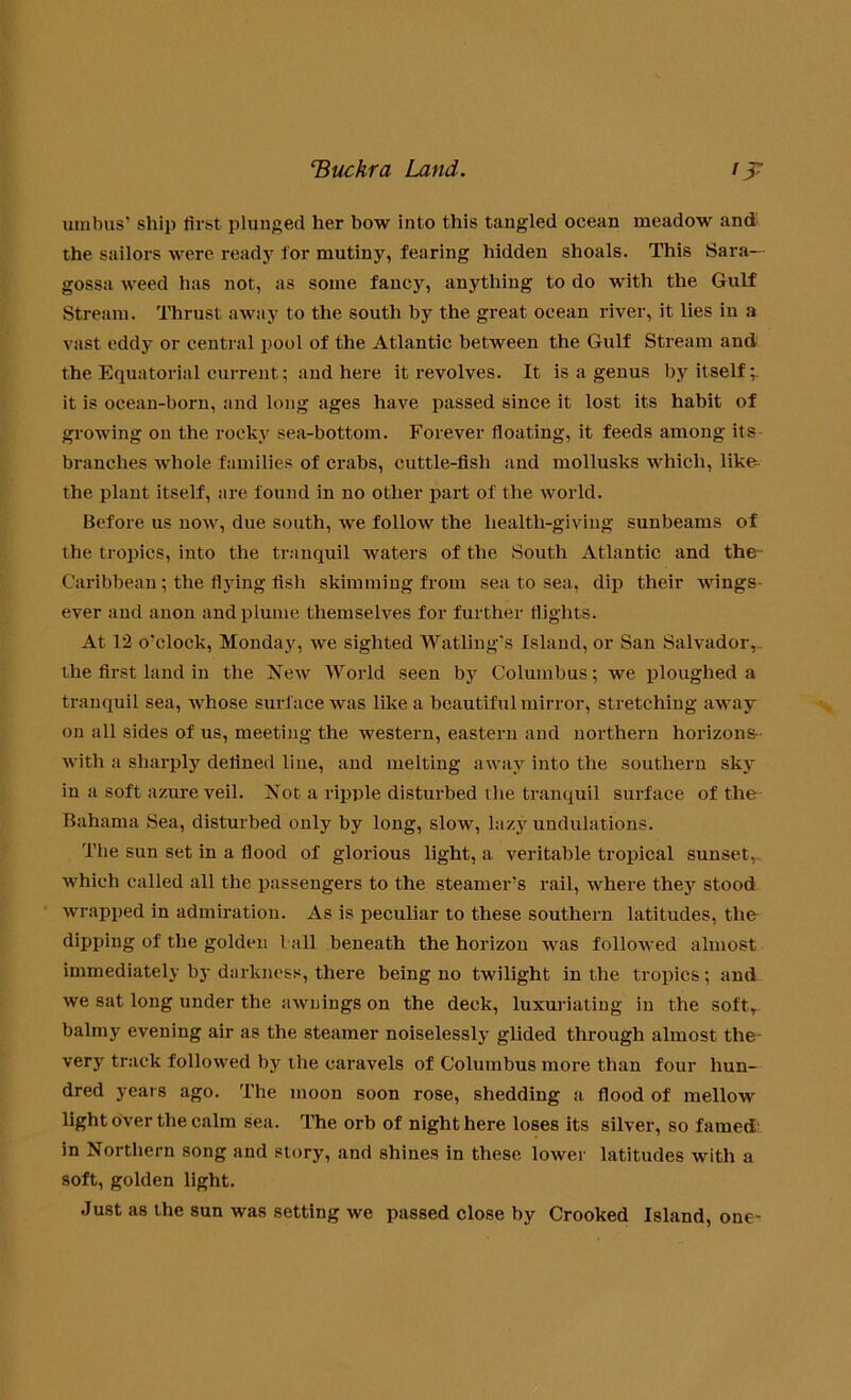 uinbus’ ship first plunged her bow into this tangled ocean meadow and the sailors were ready for mutiny, fearing hidden shoals. This Sara- gossa weed has not, as some fancy, anything to do with the Gulf Stream. Thrust away to the south by the great ocean river, it lies in a vast eddy or central pool of the Atlantic between the Gulf Stream and the Equatorial current; and here it revolves. It is a genus by itself;, it is ocean-born, and long ages have passed since it lost its habit of growing on the rocky sea-bottom. Forever floating, it feeds among its branches whole families of crabs, cuttle-fish and mollusks which, like the plant itself, are found in no other part of the world. Before us now, due south, we follow the health-giving sunbeams of the tropics, into the tranquil waters of the South Atlantic and the Caribbean; the flying fish skimming from sea to sea, dip their wings ever and anon and plume themselves for further flights. At 12 o'clock, Monday, we sighted Watling’s Island, or San Salvador, the first land in the New World seen by Columbus; we ploughed a tranquil sea, whose surface was like a beautiful mirror, stretching away on all sides of us, meeting the western, eastern and northern horizons- with a sharply defined line, and melting away into the southern sky in a soft azure veil. Not a ripple disturbed the tranquil surface of the Bahama Sea, disturbed only by long, slow, lazy undulations. The sun set in a flood of glorious light, a veritable tropical sunset, which called all the passengers to the steamer’s rail, where they stood wrapped in admiration. As is peculiar to these southern latitudes, the dipping of the golden ball beneath the horizon was followed almost immediately by darkness, there being no twilight in the tropics; and we sat long under the awnings on the deck, luxuriating in the soft* balmy evening air as the steamer noiselessly glided through almost the very track followed by the caravels of Columbus more than four hun- dred years ago. The moon soon rose, shedding a flood of mellow light over the calm sea. The orb of night here loses its silver, so famed in Northern song and story, and shines in these lower latitudes with a soft, golden light. Just as the sun was setting we passed close by Crooked Island, one-