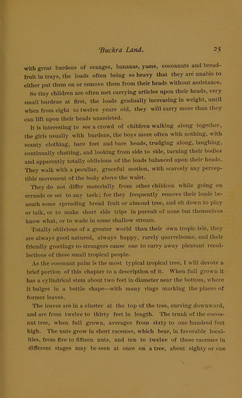 with great burdens of oranges, bananas, yams, cocoanuts and bread- fruit in trays, the loads often being so heavy that they are unable to either put them on or remove them from their heads without assistance. So tiny children are often met carrying articles upon their heads, very small burdens at first, the loads gradually increasing in weight, until when from eight to twelve years old, they will carry more than they can lift upon their heads unassisted. It is interesting to see a crowd of children walking along together, the girls usually with burdens, the boys more often with nothing, with scanty clothing, bare feet and bare heads, trudging along, laughing, continually chatting, and looking from side to side, turning their bodies and apparently totally oblivious of the loads balanced upon their heads. They walk with a peculiar, graceful motion, with scarcely any percep- tible movement of the body above the waist. They do not differ materially from other children while going on errands or set to any task; for they frequently remove their loads be- neath some spreading bread fruit or almond tree, and sit down to play or talk, or to make short side trips in pursuit of none but themselves know what, or to wade in some shallow stream. Totally oblivious of a greater world than their own tropic isle, they are always good natured, always happy, rarely quarrelsome, and their friendly greetings to strangers cause one to carry away pleasant recol- lections of these small tropical people. As the cocoanut palm is the most typical tropical tree, I will devote a brief portion of this chapter to a description of it. When full grown it has a cylindrical stem about two feet in diameter near the bottom, where it bulges in a bottle shape—with many rings marking the places of former leaves. The leaves are in a cluster at the top of the tree, curving downward, and are from twelve to thirty feet in length. The trunk of the cocoa- nut tree, when full grown, averages from sixty to one hundred feet high. The nuts grow in short racemes, which bear, in favorable local- ities, from five to fifteen nuts, and ten to twelve of these racemes in different stages may be seen at once on a tree, about eighty or one