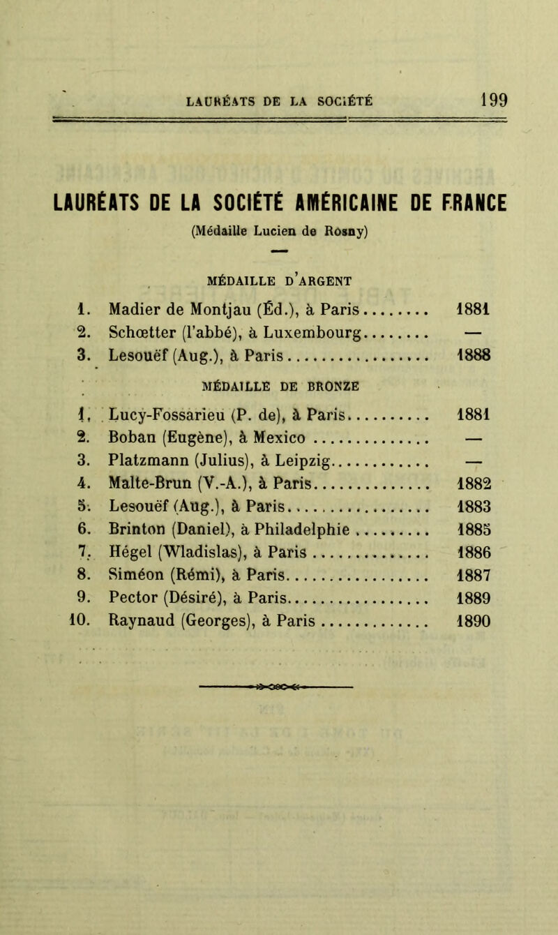 LAURÉATS DE LA SOCIÉTÉ AMÉRICAINE DE FRANCE (Médaille Lucien de Rosny) MÉDAILLE d’argent 1. Madier de Monljau (Éd.), à Paris 1881 2. Schœtter (l’abbé), à Luxembourg — 3. Lesouëf (Aug.), à Paris 1888 MÉDAILLE DE BRONZE 1. Lucy-Fossarieu (P. de), à Paris 1881 2. Boban (Eugène), à Mexico — 3. Platzmann (Julius), à Leipzig — 4. Malte-Brun (V.-A.), à Paris 1882 5. Lesouëf (Aug.), à Paris. 1883 6. Brinton (Daniel), à Philadelphie ......... 1885 1. Hégel (Wladislas), à Paris 1886 8. Siméon (Rémi), à Paris 1887 9. Pector (Désiré), à Paris 1889 10. Raynaud (Georges), à Paris 1890