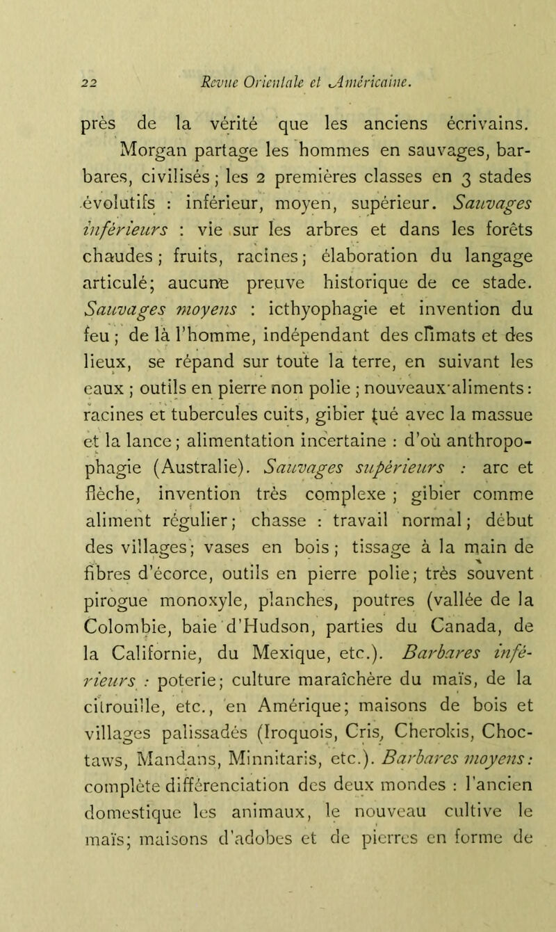 près de la vérité que les anciens écrivains. Morgan partage les hommes en sauvages, bar- bares, civilisés; les 2 premières classes en 3 stades évolutifs : inférieur, moyen, supérieur. Sauvages inférieurs ; vie sur les arbres et dans les forêts chaudes; fruits, racines; élaboration du langage articulé; aucune preuve historique de ce stade. Sauvages moyens : icthyophagie et invention du feu ; de là l’homme, indépendant des climats et des lieux, se répand sur toute la terre, en suivant les eaux ; outils en pierre non polie ; nouveaux'aliments : racines et tubercules cuits, gibier tué avec la massue et la lance; alimentation incertaine : d’où anthropo- phagie (Australie). Sauvages supérieiLrs : arc et flèche, invention très complexe ; gibier comme aliment régulier; chasse ; travail normal; début des villages; vases en bois ; tissage à la main de fibres d’écorce, outils en pierre polie; très souvent pirogue monoxyle, planches, poutres (vallée de la Colombie, baie d’Hudson, parties du Canada, de la Californie, du Mexique, etc.). Barbares infé- rieurs : poterie; culture maraîchère du maïs, de la cilrouille, etc., en Amérique; maisons de bois et villages palissadés (Iroquois, Cris, Cherokis, Choc- taws, Mandans, Minnitaris, etc.). Barbares moyens : complète différenciation des deux mondes : l’ancien domestique les animaux, le nouveau cultive le maïs; maisons d’adobes et de pierres en forme de