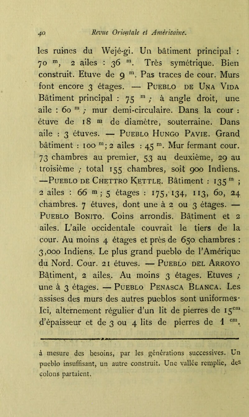 les ruines du Wejé-gi. Un bâtiment principal : 70 2 ailes : 36 Très symétrique. Bien construit. Etuve de 9 Pas traces de cour. Murs font encore 3 étages. — Pueblo de Una Vida Bâtiment principal : 75 ; à angle droit, une aile ; 60 ; mur demi-circulaire. Dans la cour : étuve de 18 m de diamètre, souterraine. Dans aile : 3 étuves. — Pueblo Hungo Pavie. Grand bâtiment : 100 2 ailes : 45 Mur fermant cour. 73 chambres au premier, 53 au deuxième, 29 au troisième ; total 155 chambres, soit 900 Indiens. —Pueblo de Chettro Kettlr. Bâtiment : 135 ; 2 ailes : 66 m ; 5 étages : 175,-134, 113, 60, 24 chambres. 7 étuves, dont une à 2 ou 3 étages. — Pueblo Bonito. Coins arrondis. Bâtiment et 2 ailes. L’aile occidentale couvrait le tiers de la cour. Au moins 4 étages et près de 650 chambres : 3,000 Indiens. Le plus grand pueblo de l’Amérique du Nord. Cour. 21 étuves. — Pueblo del Arroyo Bâtiment, 2 ailes. Au moins 3 étages. Etuves ; une à 3 étages. — Pueblo Penasca Blanca. Les assises des murs des autres pueblos sont uniformes- Ici, alternement régulier d’un lit de pierres de d’épaisseur et de 3 ou 4 lits de pierres de 1 à mesure des besoins, par les générations successives. Un pueblo insuffisant, un autre construit. Une vallée remplie, des colons partaient.