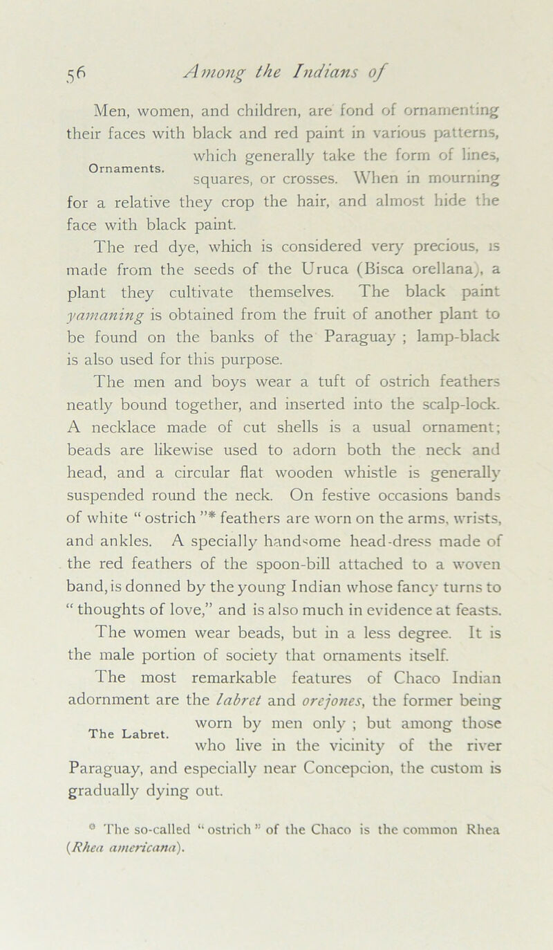 Men, women, and children, are fond of ornamenting their faces with black and red paint in various patterns, which generally take the form of lines, Ornaments. .... squares, or crosses. When in mourning for a relative they crop the hair, and almost hide the face with black paint. The red dye, which is considered very precious, is made from the seeds of the Uruca (Bisca orellanaj, a plant they cultivate themselves. The black paint yamaning is obtained from the fruit of another plant to be found on the banks of the Paraguay ; lamp-black is also used for this purpose. The men and boys wear a tuft of ostrich feathers neatly bound together, and inserted into the scalp-lock. A necklace made of cut shells is a usual ornament; beads are likewise used to adorn both the neck and head, and a circular flat wooden whistle is generally suspended round the neck. On festive occasions bands of white “ ostrich ”* feathers are worn on the arms, wrists, and ankles. A specially handsome head-dress made of the red feathers of the spoon-bill attached to a woven band, is donned by the young Indian whose fancy turns to “ thoughts of love,” and is also much in evidence at feasts. The women wear beads, but in a less degree. It is the male portion of society that ornaments itself. The most remarkable features of Chaco Indian adornment are the labret and orcjones, the former being worn by men only ; but among those The Labret. , J . r ,S . who live m the vicinity of the river Paraguay, and especially near Concepcion, the custom is gradually dying out. ° The so-called “ ostrich of the Chaco is the common Rhea (Rhea atnericana).