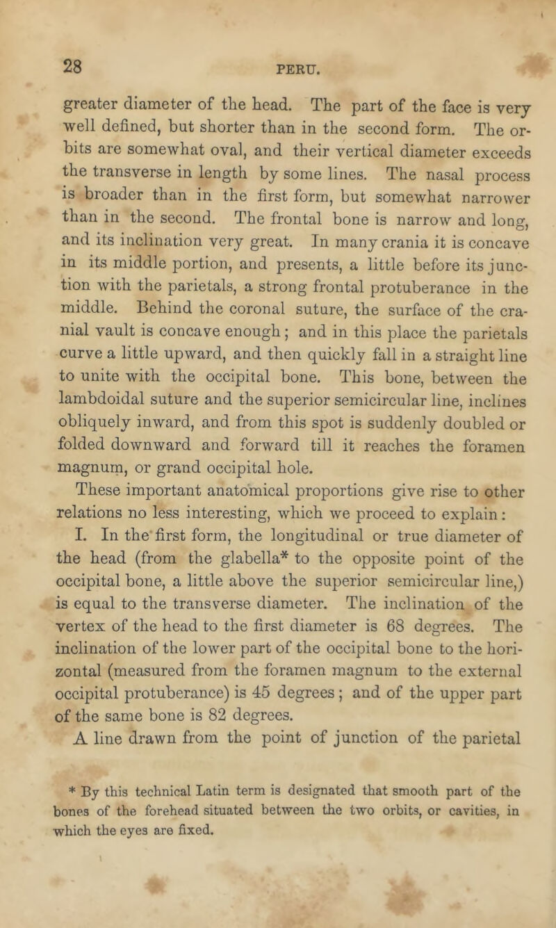 greater diameter of the head. The part of the face is very well defined, but shorter than in the second form. The or- bits are somewhat oval, and their vertical diameter exceeds the transverse in length by some lines. The nasal process is broader than in the first form, but somewhat narrower than in the second. The frontal bone is narrow and long, and its inclination very great. In many crania it is concave in its middle portion, and presents, a little before its j unc- tion with the parietals, a strong frontal protuberance in the middle. Behind the coronal suture, the surface of the cra- nial vault is concave enough; and in this place the parietals curve a little upward, and then quickly fall in a straight line to unite with the occipital bone. This bone, between the lambdoidal suture and the superior semicircular line, inclines obliquely inward, and from this spot is suddenly doubled or folded downward and forward till it reaches the foramen magnum, or grand occipital hole. These important anatomical proportions give rise to other relations no less interesting, which we proceed to explain : I. In the'first form, the longitudinal or true diameter of the head (from the glabella* to the opposite point of the occipital bone, a little above the superior semicircular line,) is equal to the transverse diameter. The inclination of the vertex of the head to the first diameter is 68 dearrees. The O inclination of the lower part of the occipital bone to the hori- zontal (measured from the foramen magnum to the external occipital protuberance) is 45 degrees; and of the upper part of the same bone is 82 degrees. A line drawn from the point of junction of the parietal * By this technical Latin term is designated that smooth part of the bones of the forehead situated between the two orbits, or cavities, in which the eyes are fixed.