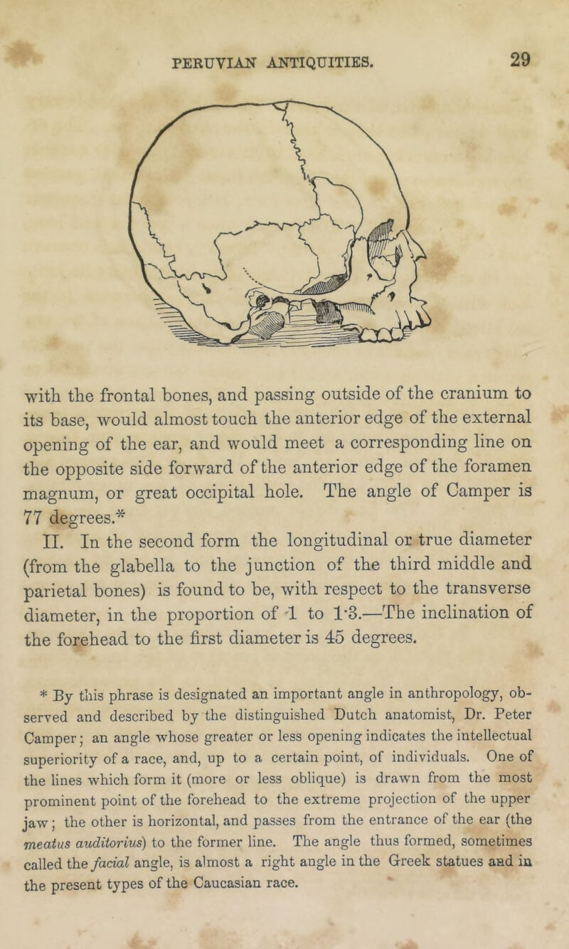 with the frontal bones, and passing outside of the cranium to its base, would almost touch the anterior edge of the external opening of the ear, and would meet a corresponding line on the opposite side forward of the anterior edge of the foramen magnum, or great occipital hole. The angle of Camper is 77 degrees.* II. In the second form the longitudinal or true diameter (from the glabella to the junction of the third middle and parietal bones) is found to be, with respect to the transverse diameter, in the proportion of '1 to 1-3.—The inclination of the forehead to the first diameter is 45 degrees. * By this phrase is designated an important angle in anthropology, ob- served and described by the distinguished Dutch anatomist, Dr. Peter Camper; an angle whose greater or less opening indicates the intellectual superiority of a race, and, up to a certain point, of individuals. One of the lines which form it (more or less oblique) is drawn from the most prominent point of the forehead to the extreme projection of the upper jaw; the other is horizontal, and passes from the entrance of the ear (the meatus auditorius) to the former line. The angle thus formed, sometimes called facial angle, is almost a right angle in the Greek statues and in the present types of the Caucasian race.
